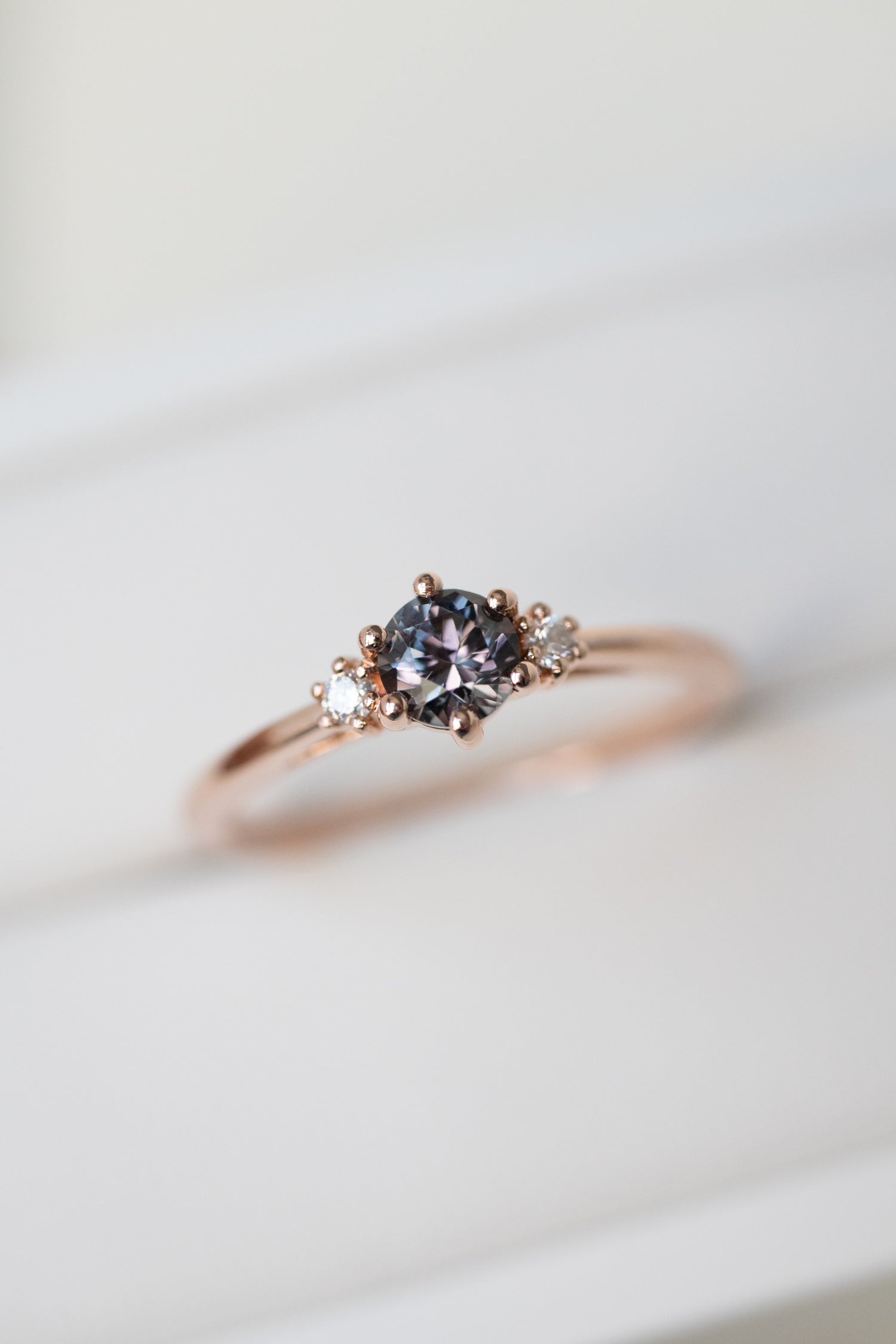 PREORDER - Three Stone ~0.26-0.30ct Graylish Spinel & diamonds 14K/ 18K Gold Ring