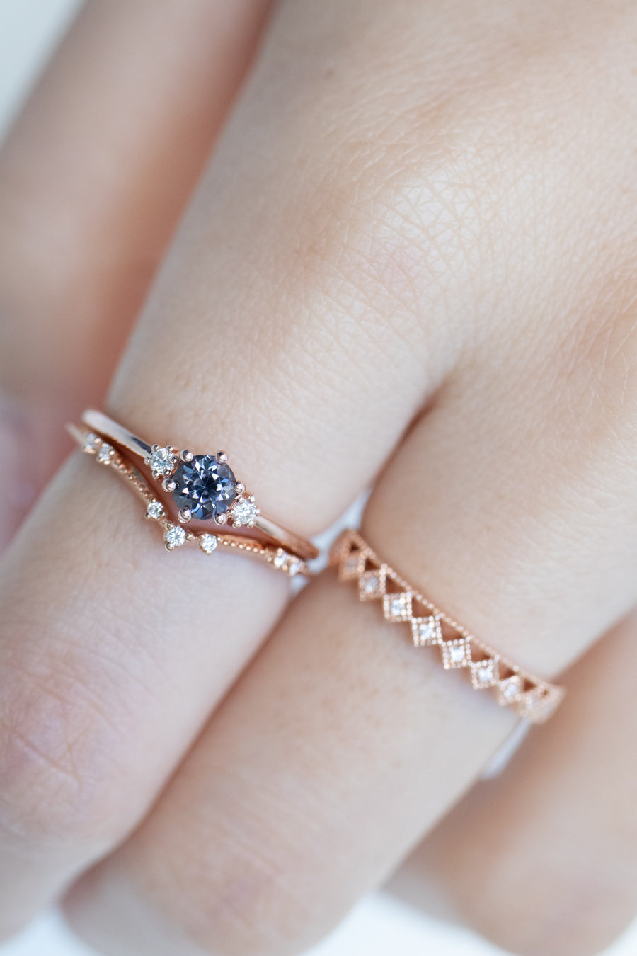PREORDER - ~0.33ct Graylish Spinel & diamond 18K Ring with V Shape Tiny Beaded Diamond Stacking Ring