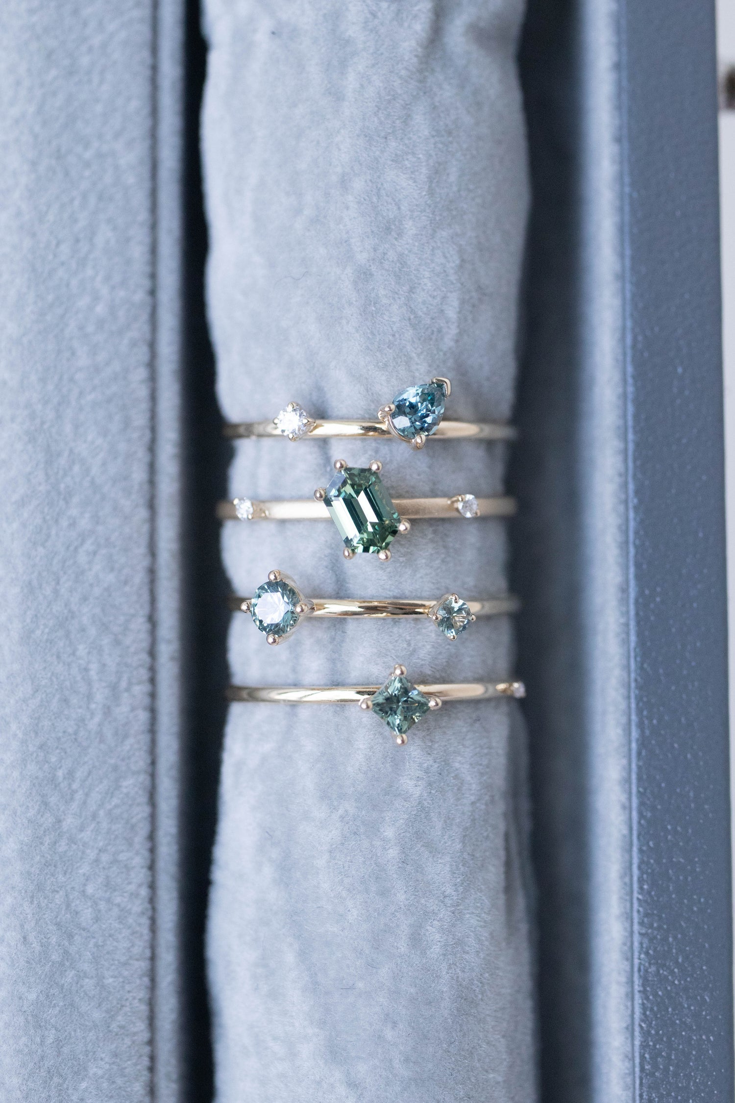 The Poetic Geometry Teal Sapphire Stack 14/ 18K Gold Rings