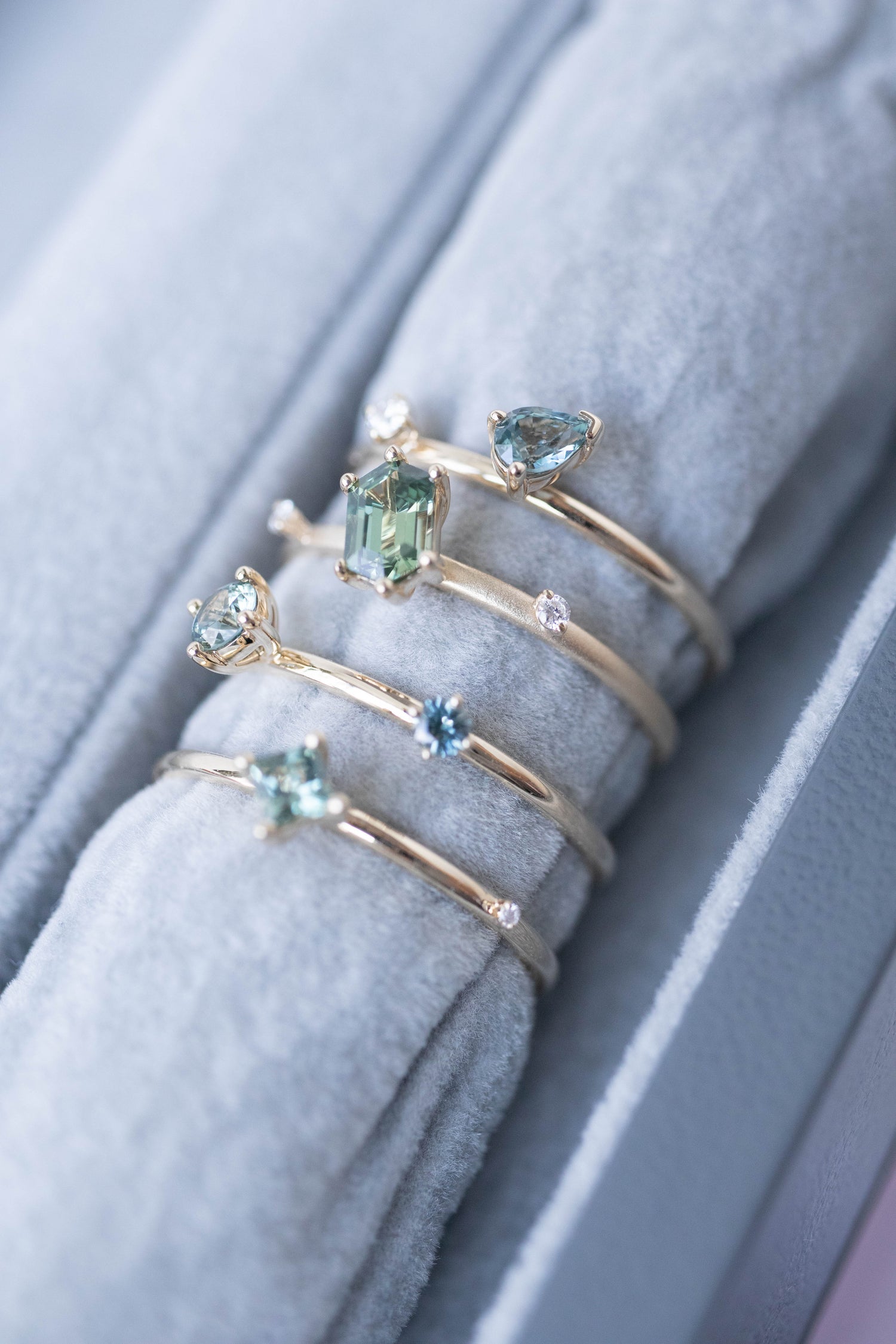 The Poetic Geometry Teal Sapphire Stack 14/ 18K Gold Rings