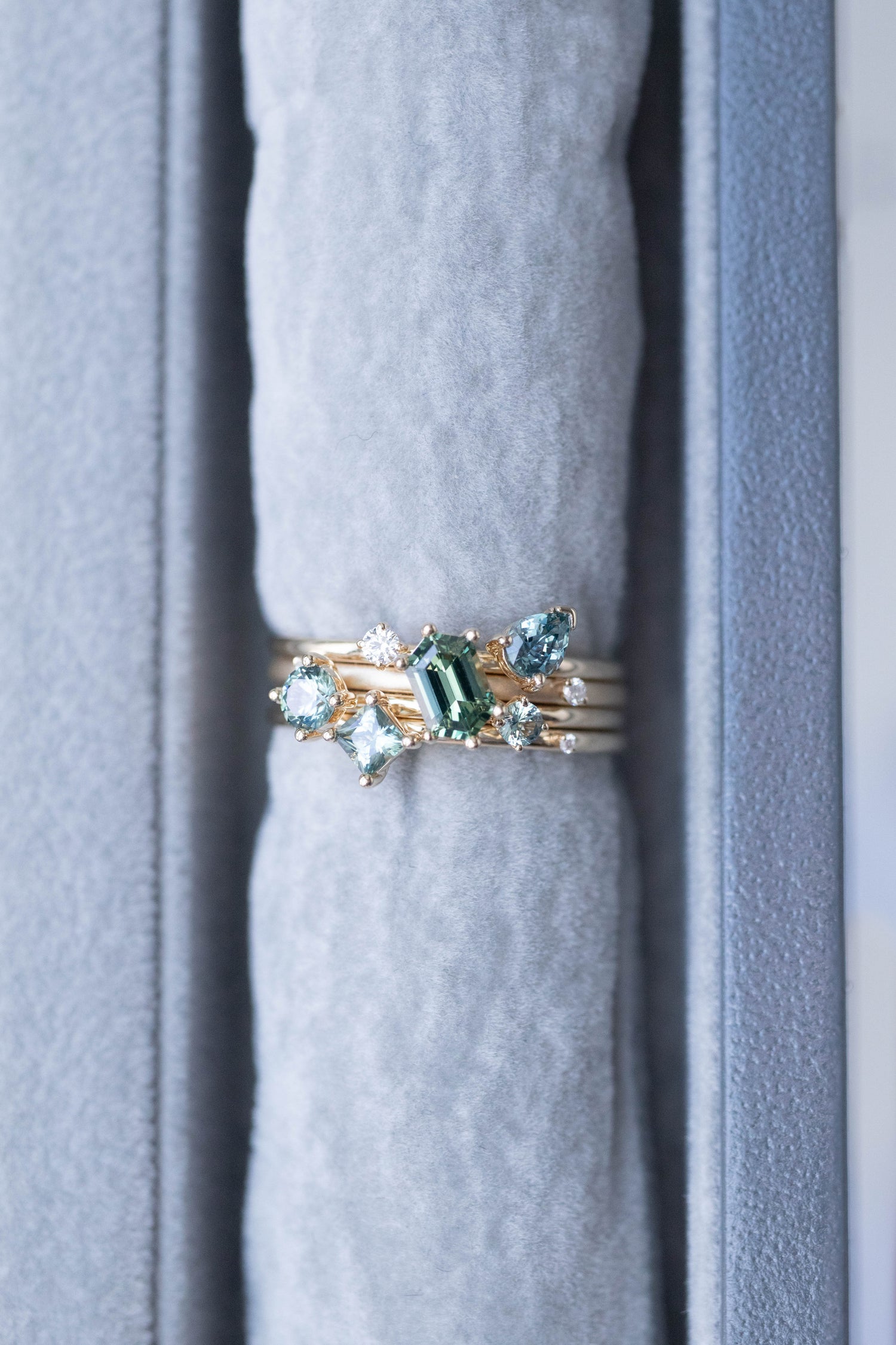 The Poetic Geometry Teal Sapphire Stack 14/ 18K Gold Rings