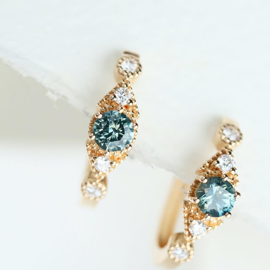 Total ~0.66ct Unheated Round Teal Blue Sapphire & 0.16ct Diamonds 18K Yellow Gold Hoop Earrings