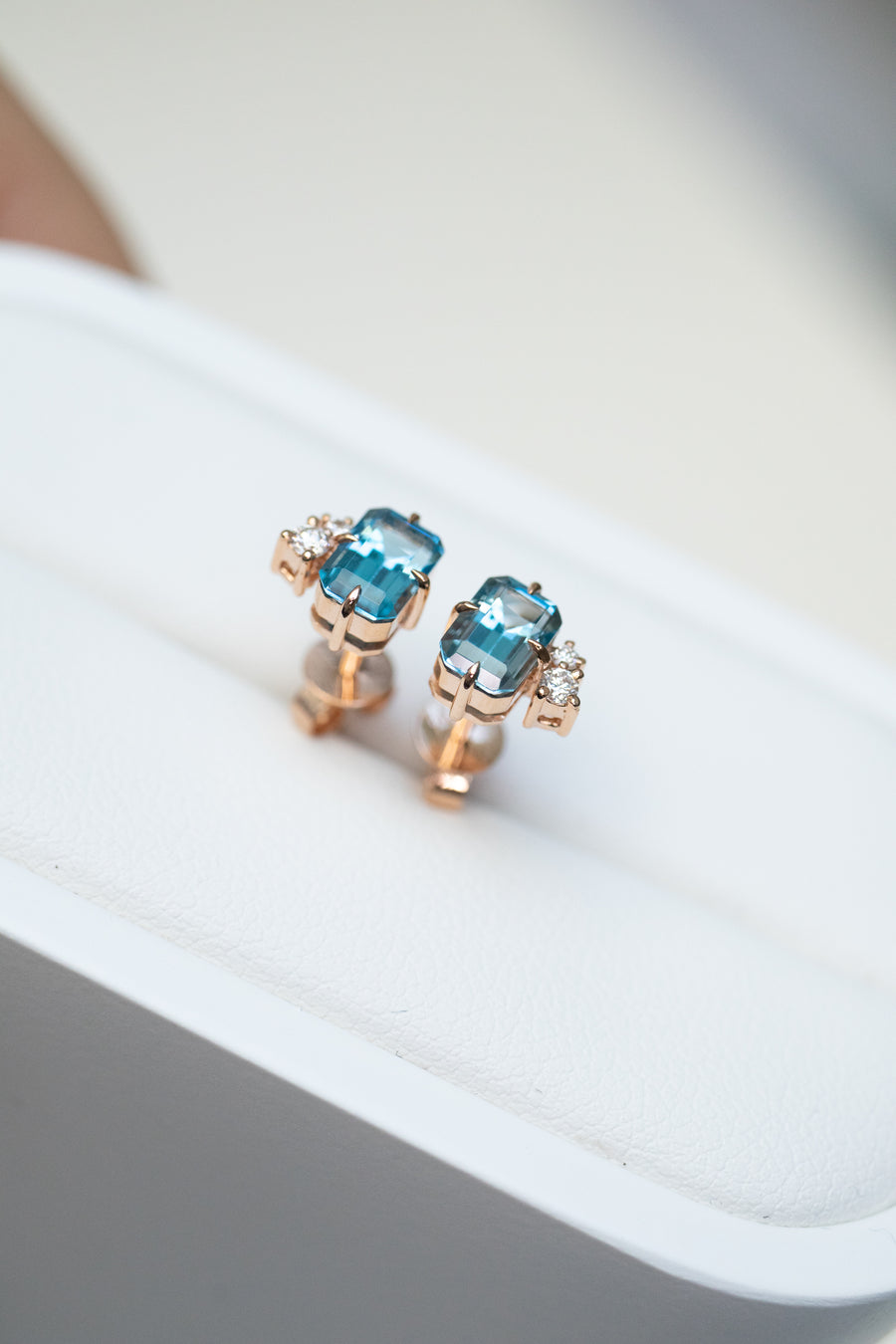 ~0.7ct each Emerald Blue Topaz & ~0.035ct each Diamonds 18K Rose Gold Earrings