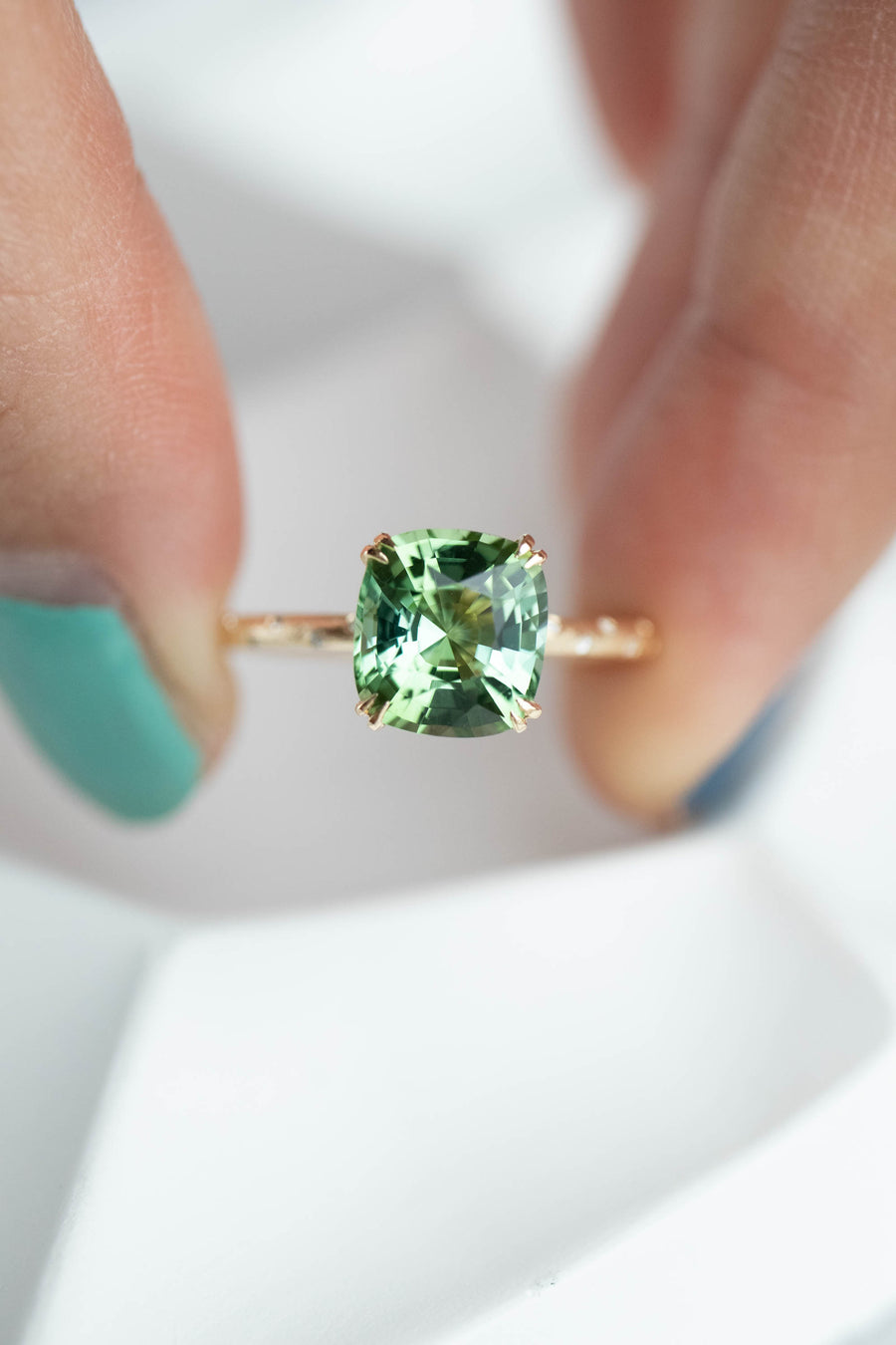 2.18ct Mint Cushion Tourmaline (with cert) & 0.042ct Diamonds 18K Yellow Gold Ring