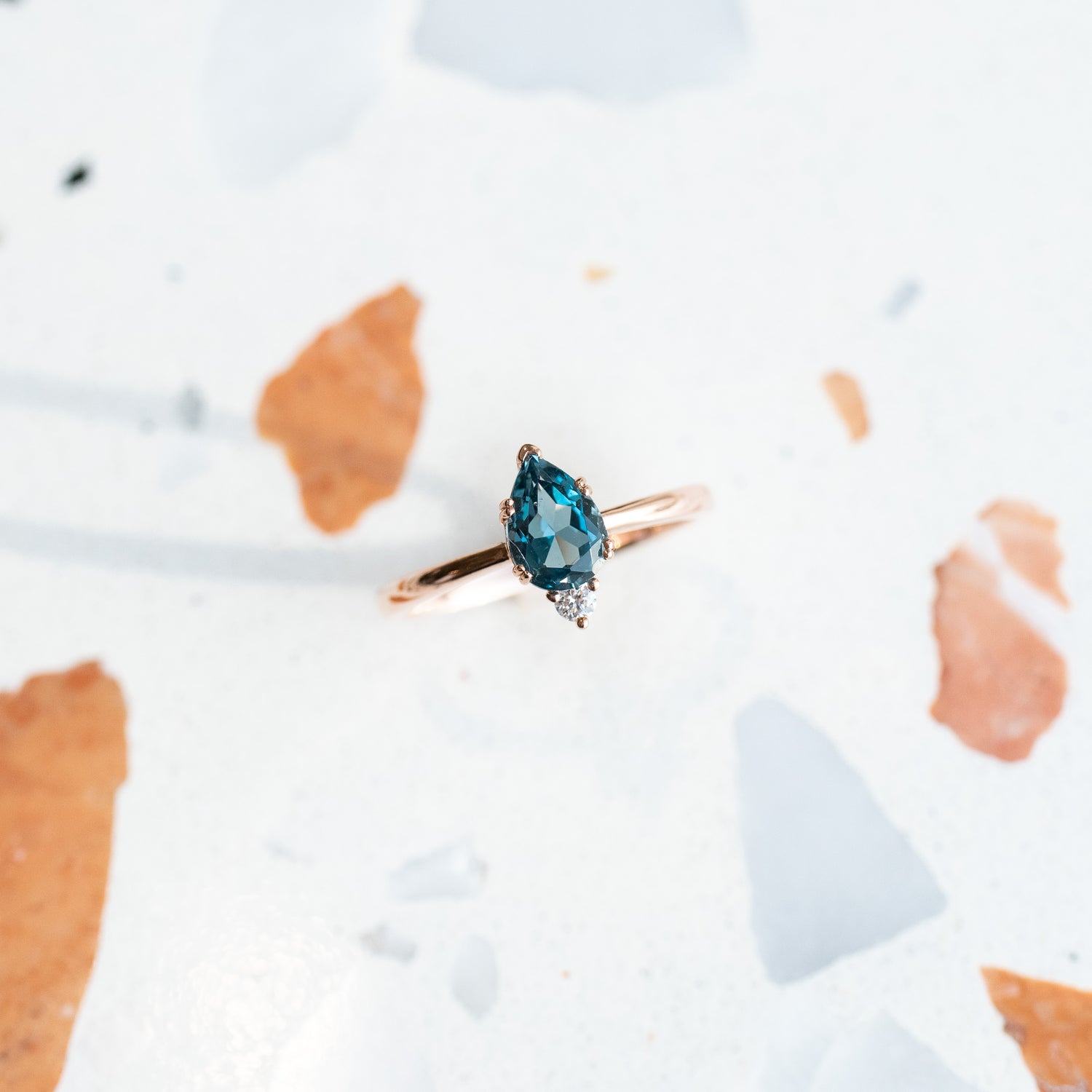 PREORDER - Marquise-shaped London Blue Topaz ~0.65ct & diamonds 14K/ 18K Gold Ring
