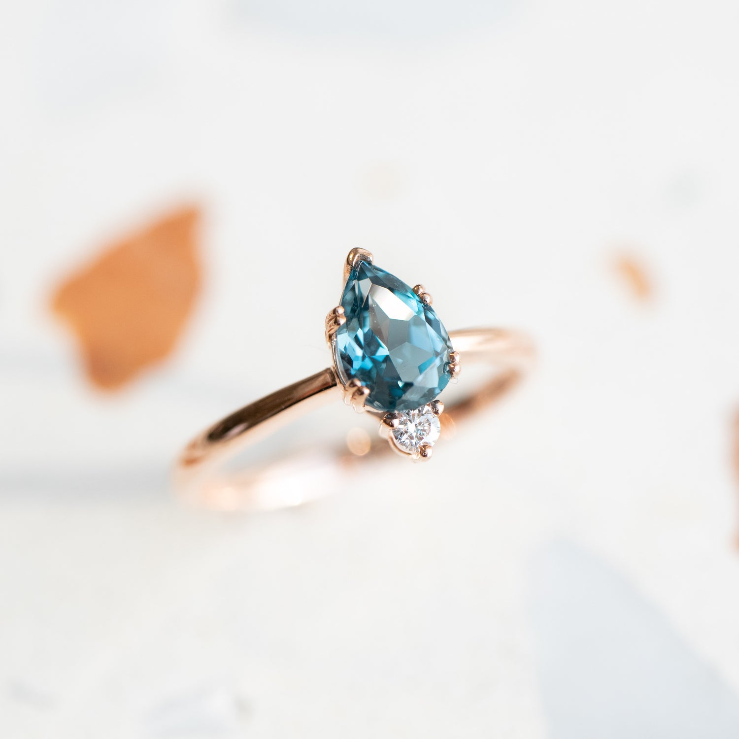 PREORDER - Marquise-shaped London Blue Topaz ~0.65ct & diamonds 14K/ 18K Gold Ring