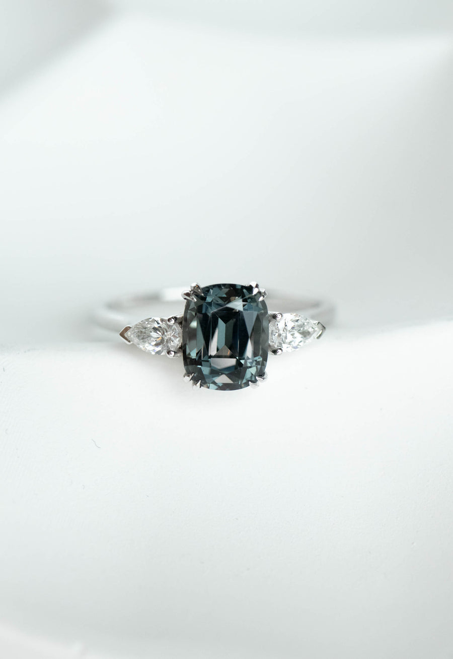 1.77ct Grey Cushion Spinel (Unheated with Certificate) & diamond 18K White Gold Ring