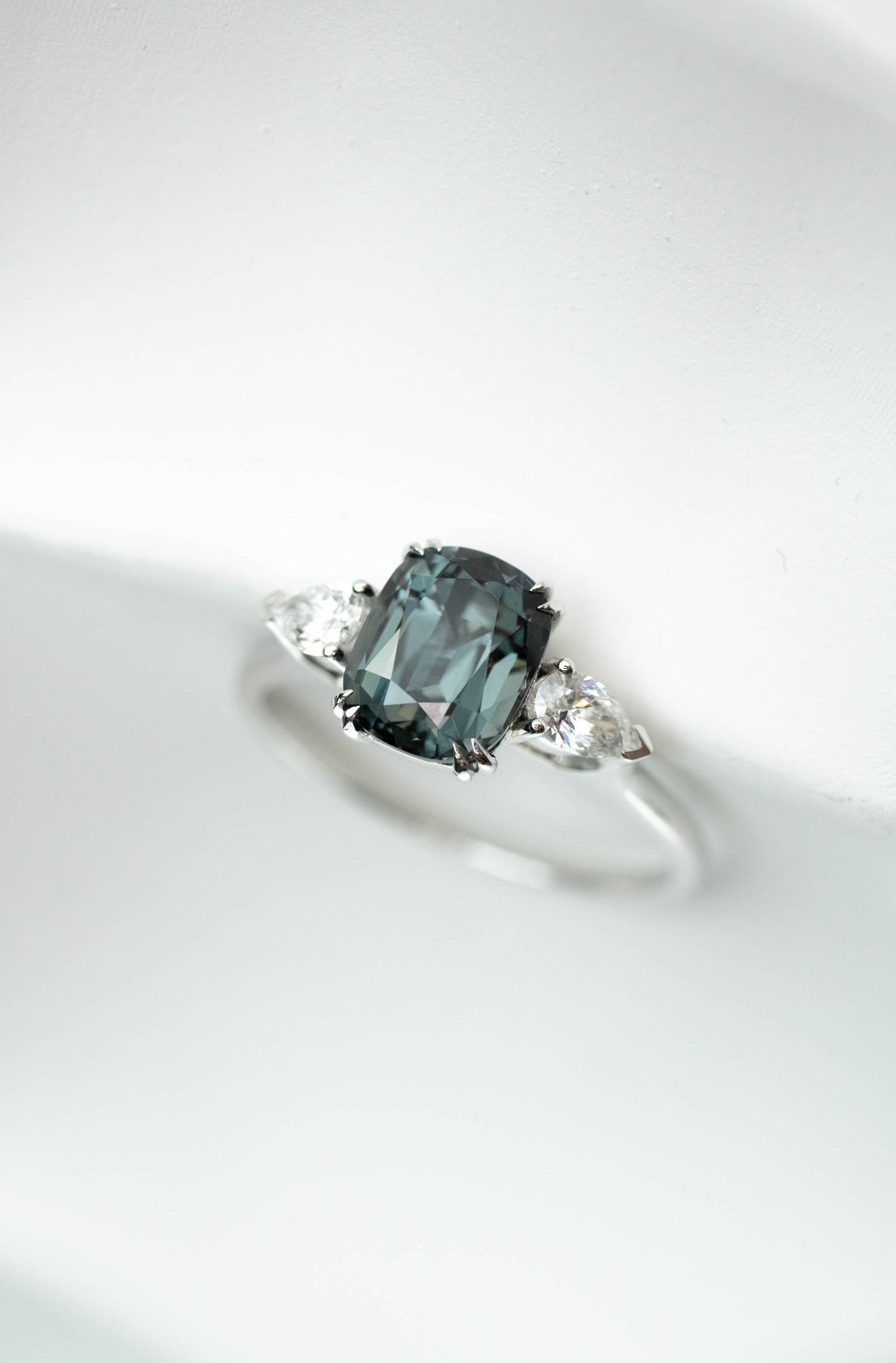 1.77ct Grey Cushion Spinel (Unheated with Certificate) & diamonds 18K White Gold Ring
