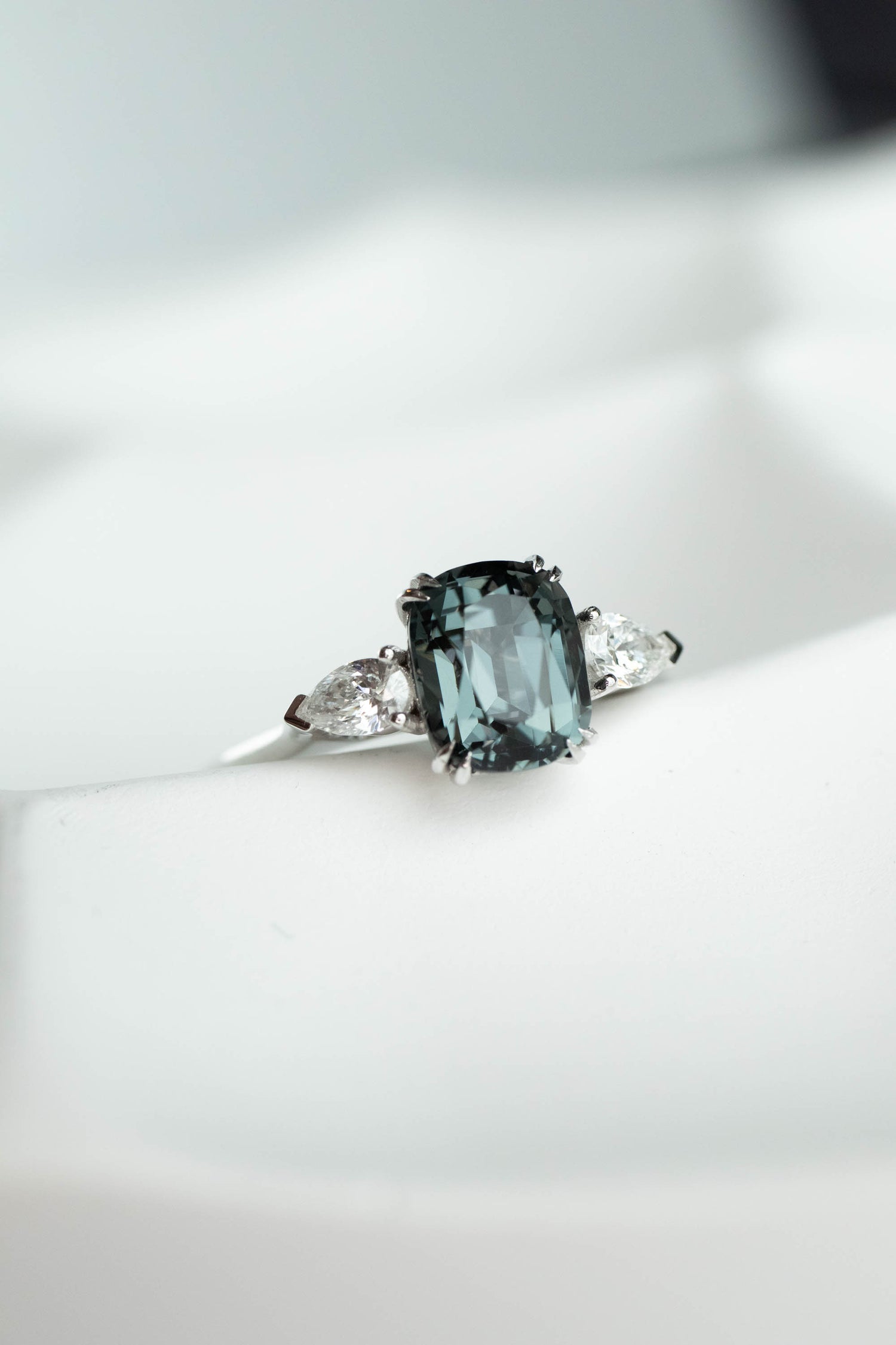 1.77ct Grey Cushion Spinel (Unheated with Certificate) & diamonds 18K White Gold Ring