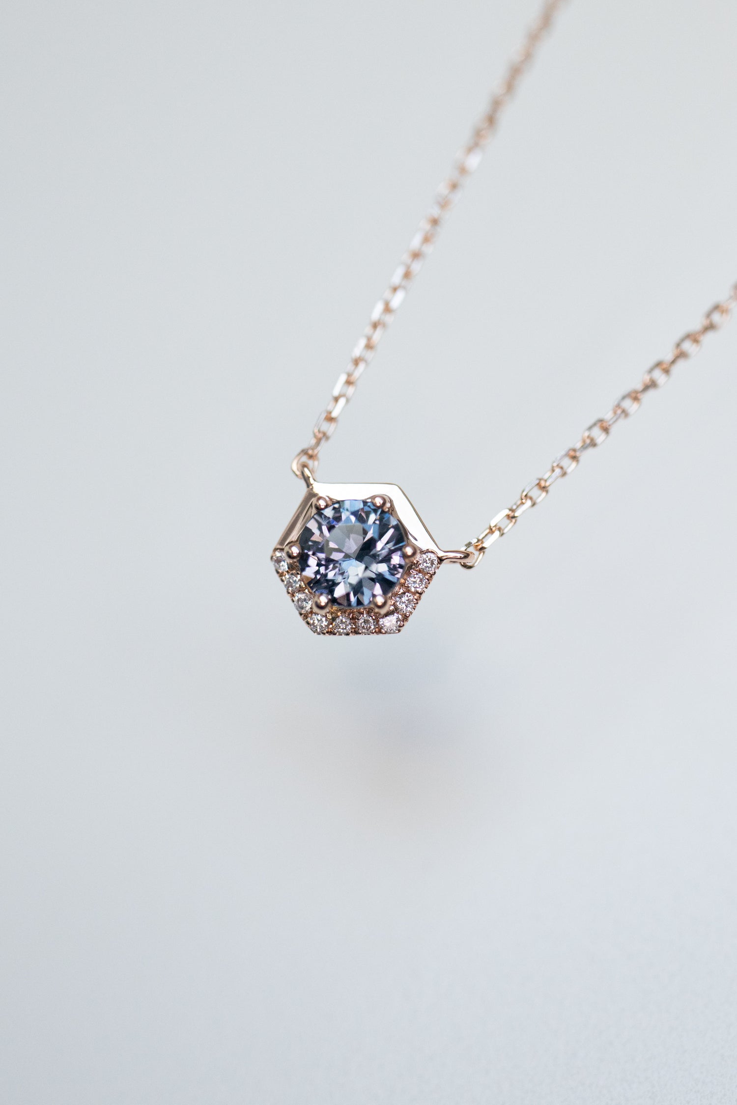 Golden Hexagon-shaped Greyish Purple Spinel ~0.26-0.30ct & Diamonds 14K/18K Gold Necklace