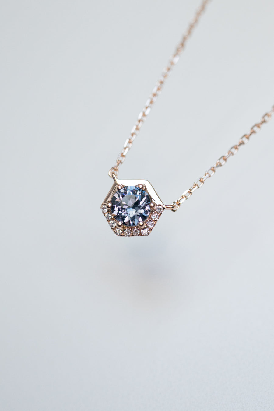 Golden Hexagon-shaped 0.30ct Greyish Blue Spinel & Diamond 14K/18K Gold Necklace