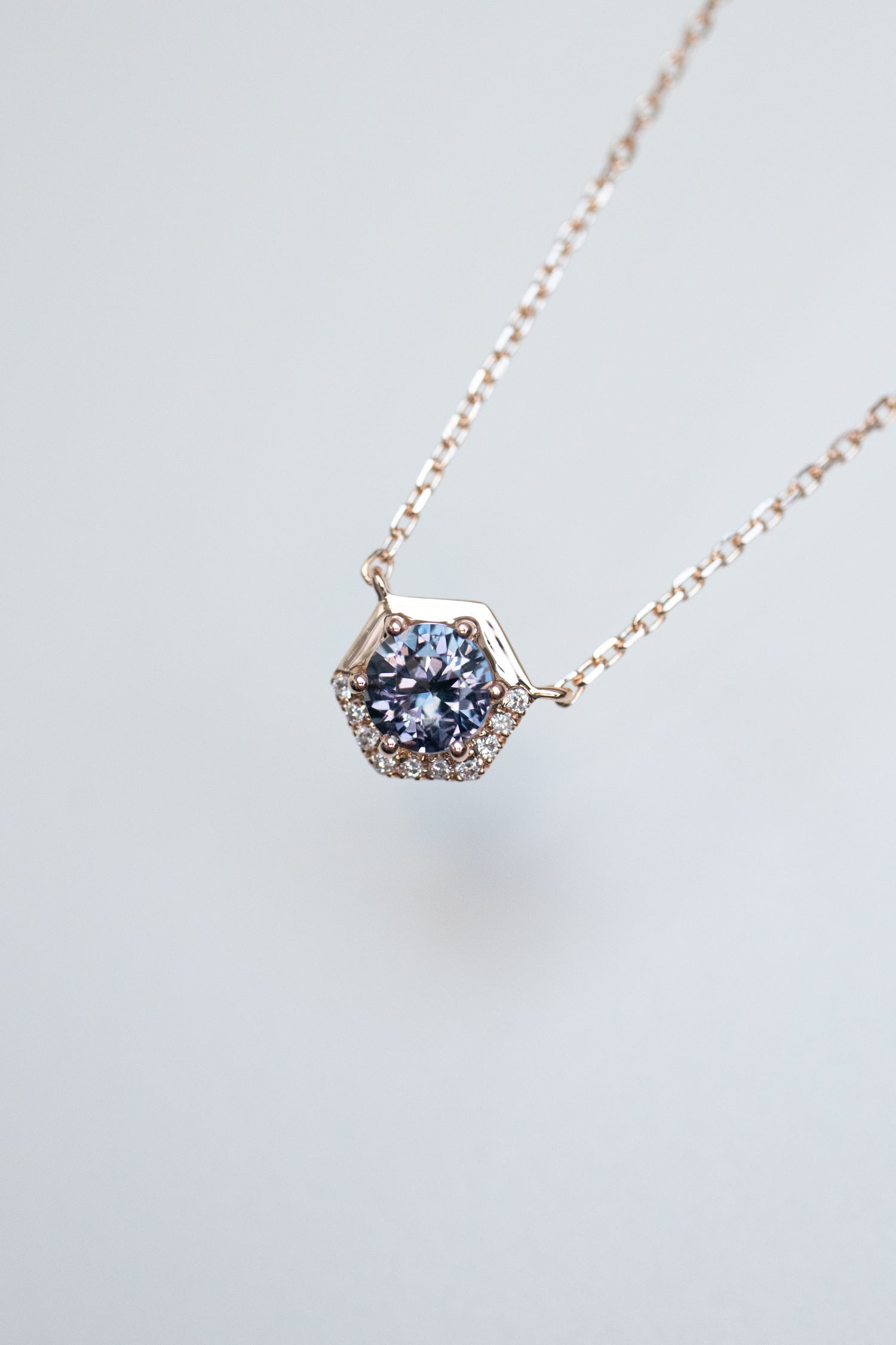 Golden Hexagon-shaped Greyish Purple Spinel ~0.26-0.30ct & Diamonds 14K/18K Gold Necklace