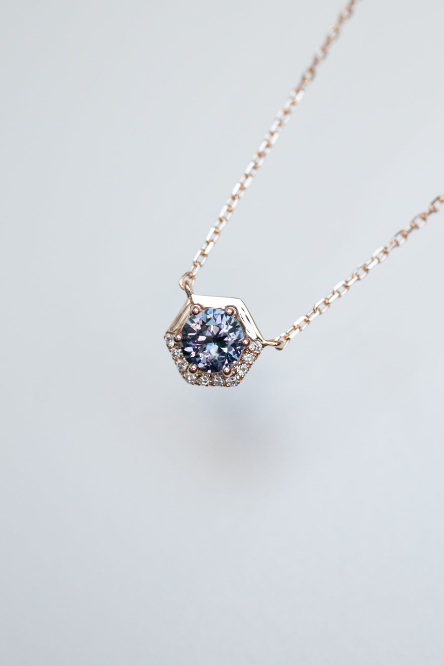 Golden Hexagon-shaped 0.30ct Greyish Blue Spinel & Diamond 14K/18K Gold Necklace