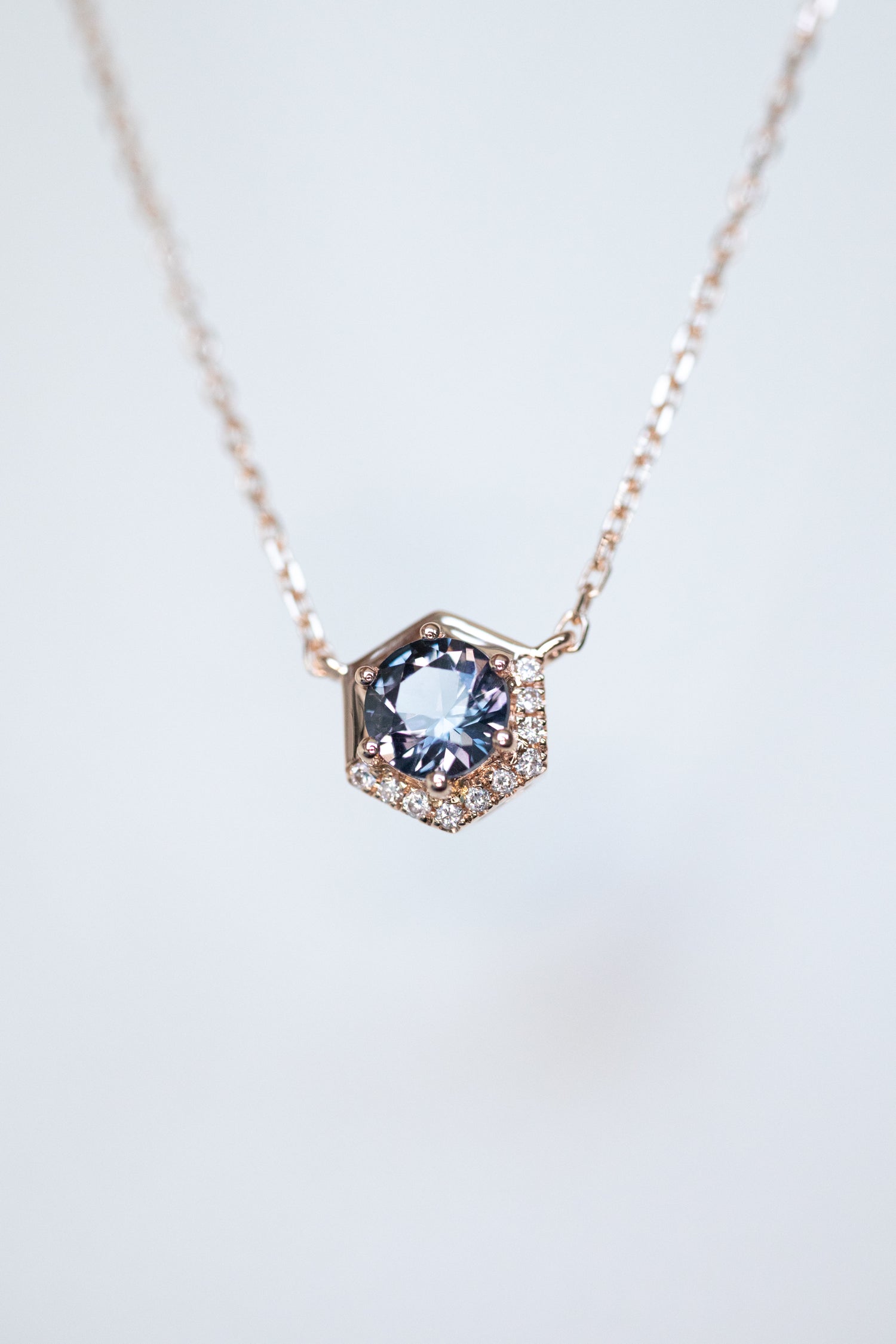 Golden Hexagon-shaped Greyish Purple Spinel ~0.26-0.30ct & Diamonds 14K/18K Gold Necklace