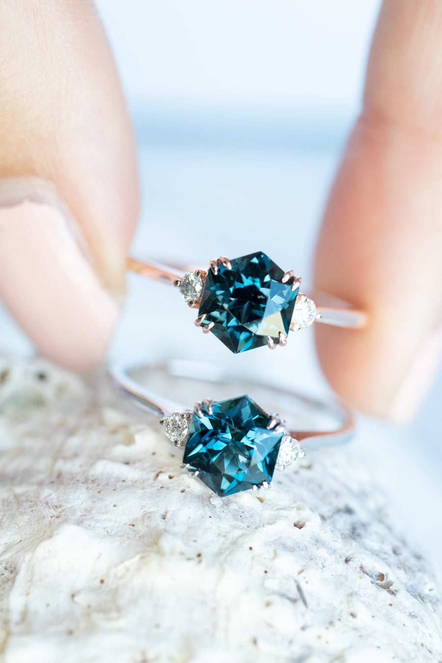Three Stone Hexagon London Blue Topaz & diamonds 14K/18K Gold Ring