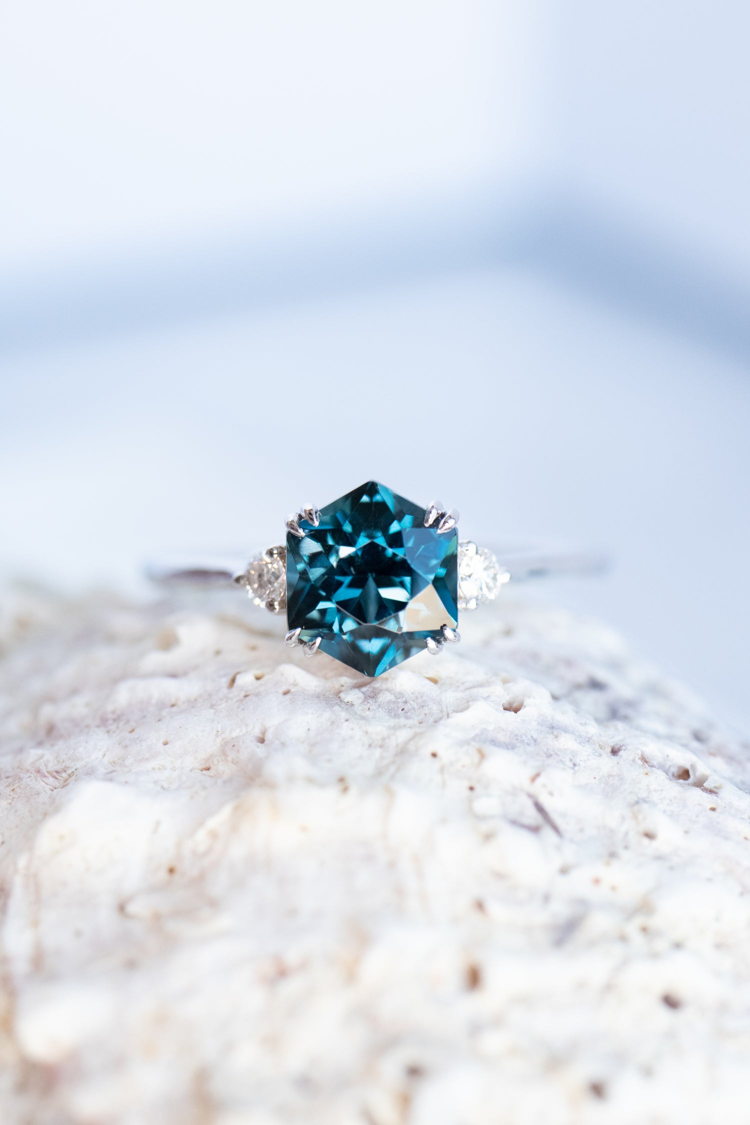 Three Stone Hexagon London Blue Topaz ~1-1.20ct & diamonds 14K/18K Gold Ring