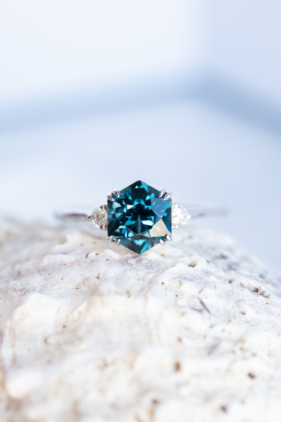 Three Stone Hexagon London Blue Topaz & diamonds 14K/18K Gold Ring