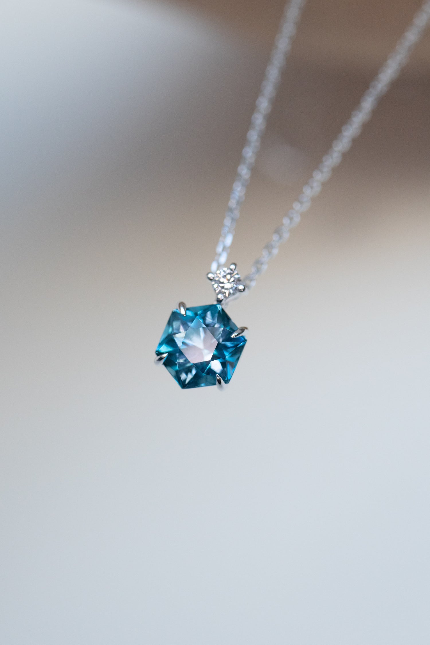 Signature Hexagon Swiss Blue Topaz 1.10-1.20ct & diamond 14/ 18K Gold Necklace