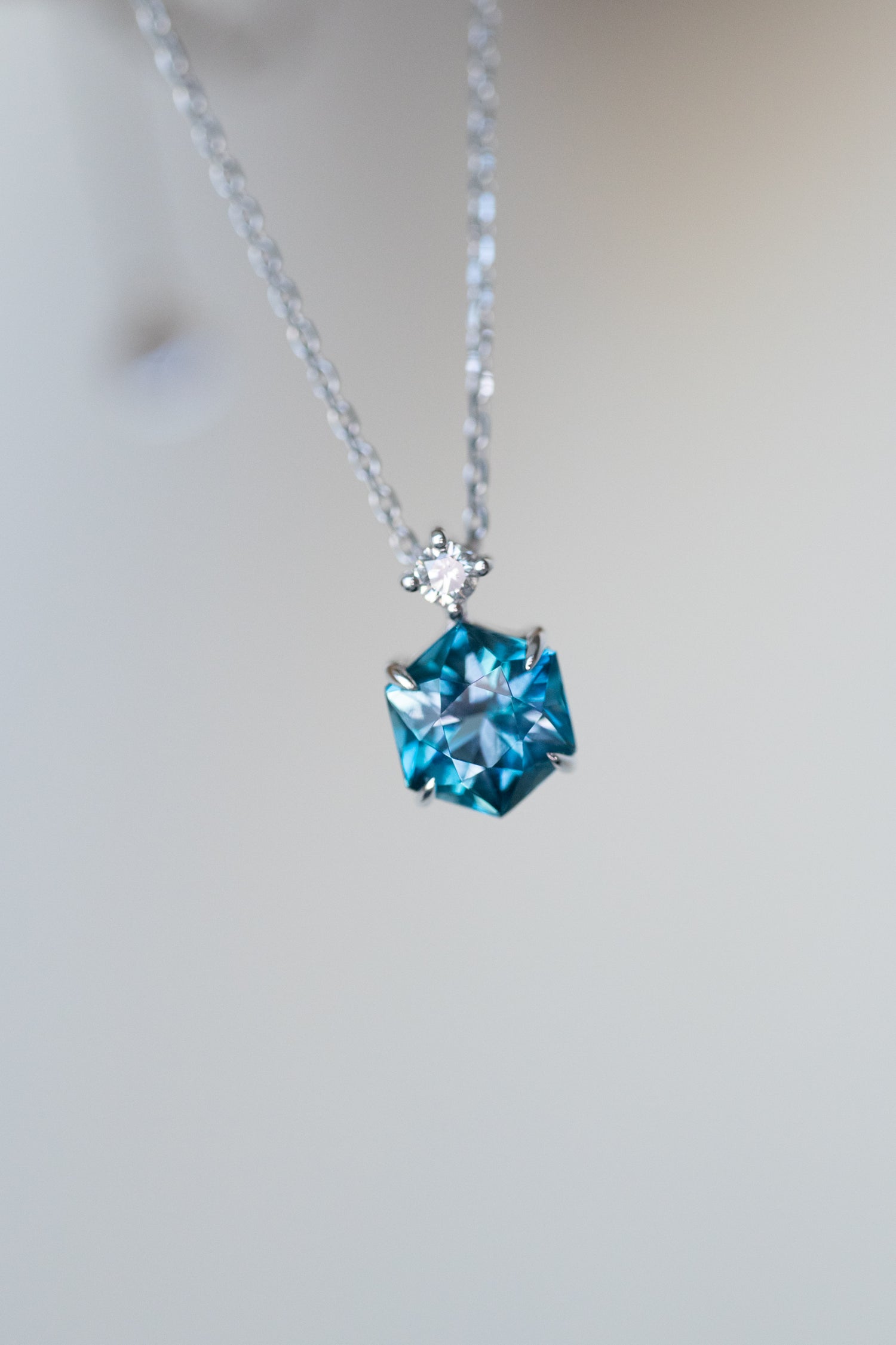 Signature Hexagon Swiss Blue Topaz 1.10-1.20ct & diamond 14/ 18K Gold Necklace