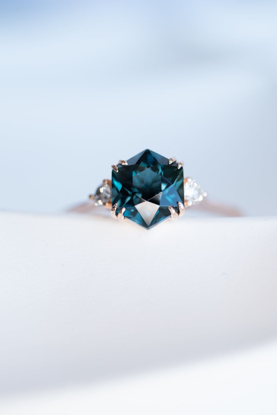 Three Stone Hexagon London Blue Topaz & diamonds 14K/18K Gold Ring