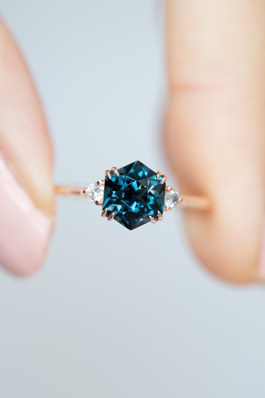 Three Stone Hexagon London Blue Topaz & diamonds 14K/18K Gold Ring