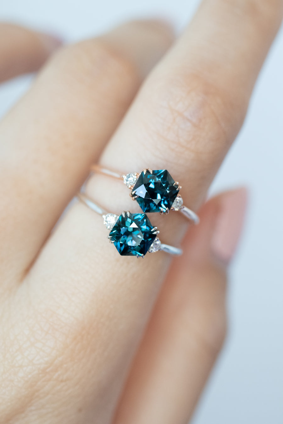 Three Stone Hexagon London Blue Topaz & diamonds 14K/18K Gold Ring