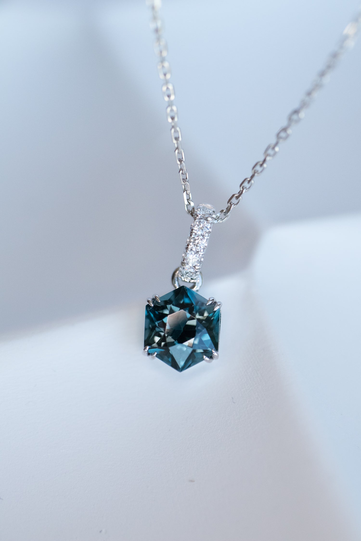 PREORDER - Hexagon Blue Topaz ~1.10-1.20ct & diamonds 14K/18K Bail Pendant Necklace