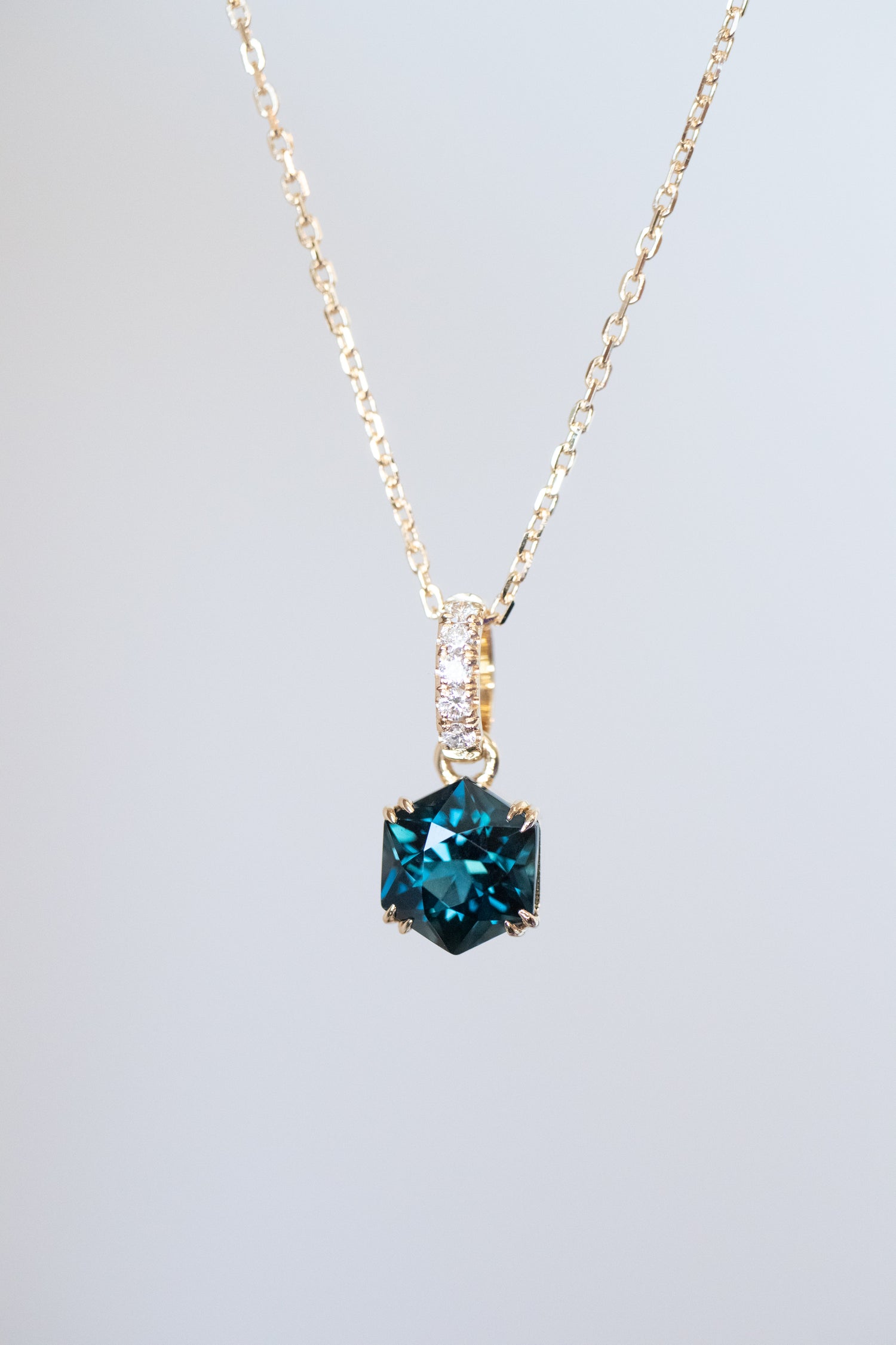 PREORDER - Hexagon Blue Topaz ~1.10-1.20ct & diamonds 14K/18K Bail Pendant Necklace
