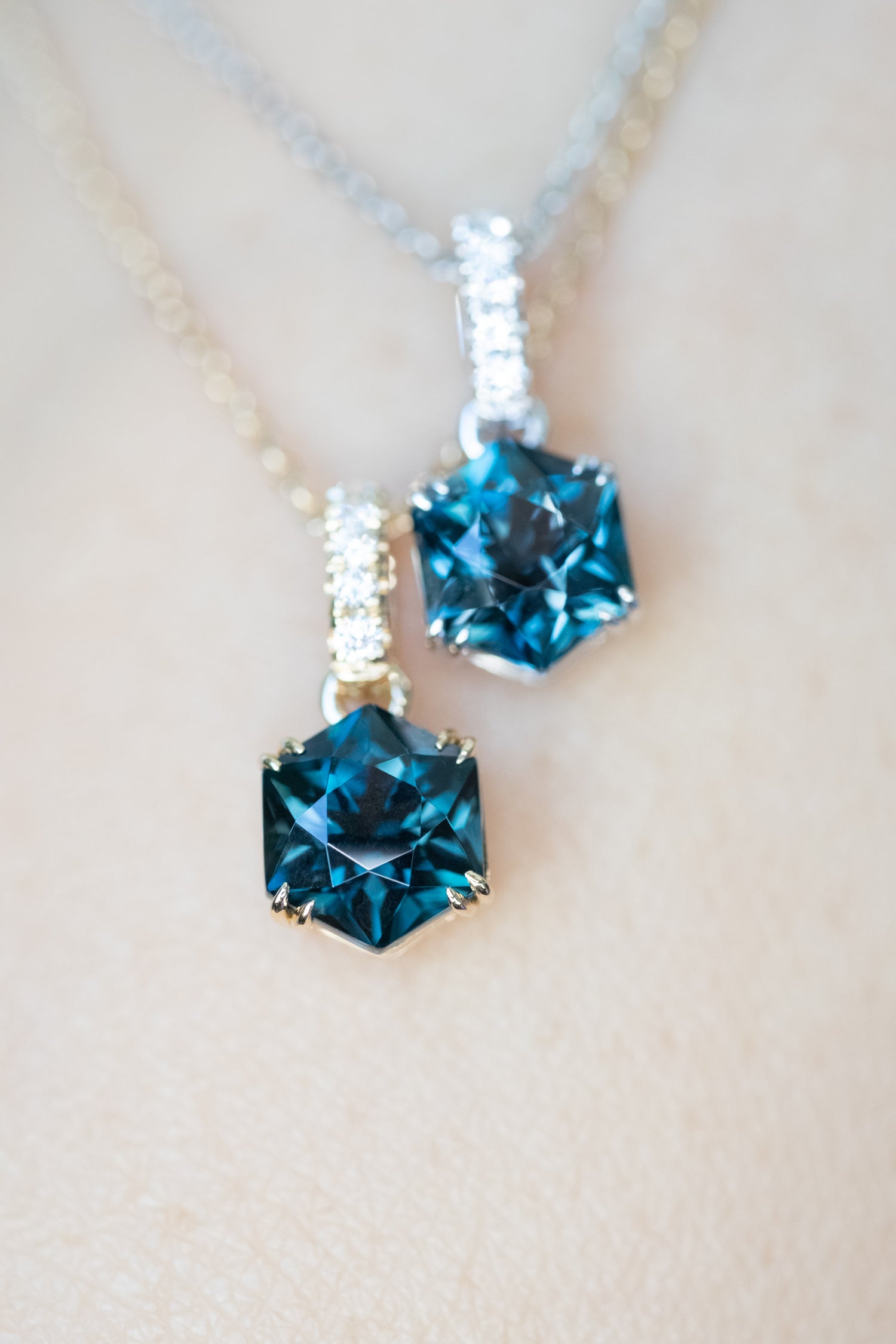 PREORDER - Hexagon Blue Topaz ~1.10-1.20ct & diamonds 14K/18K Bail Pendant Necklace