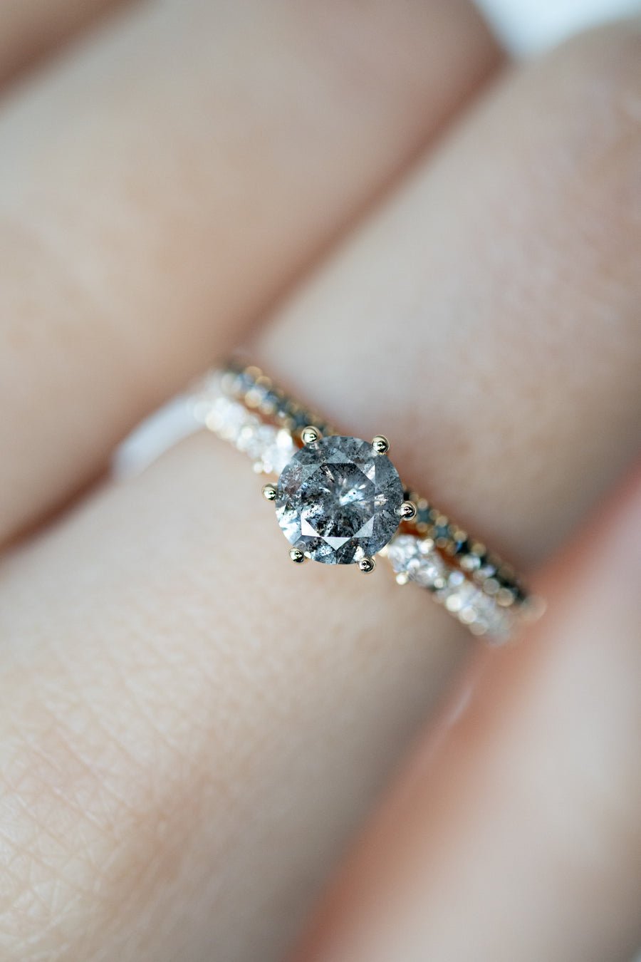 0.71ct Natural Salt and Pepper Diamond & White Diamonds 18K Yellow Gold Ring