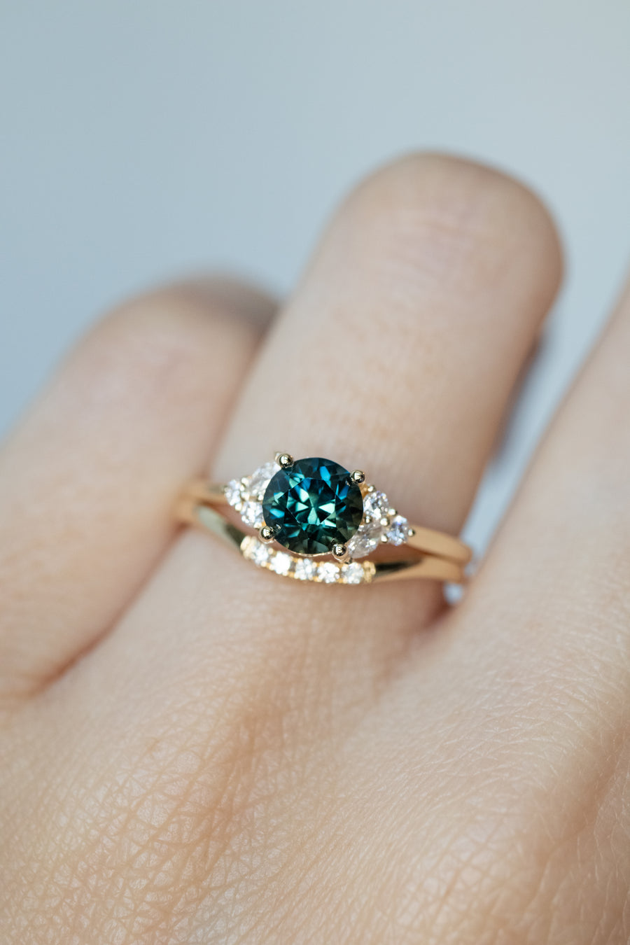 1.05ct Unheated Round Teal Green Sapphire (With Cert) & Total 0.15ct Round and Marquise Diamonds 18K Yellow Gold Ring