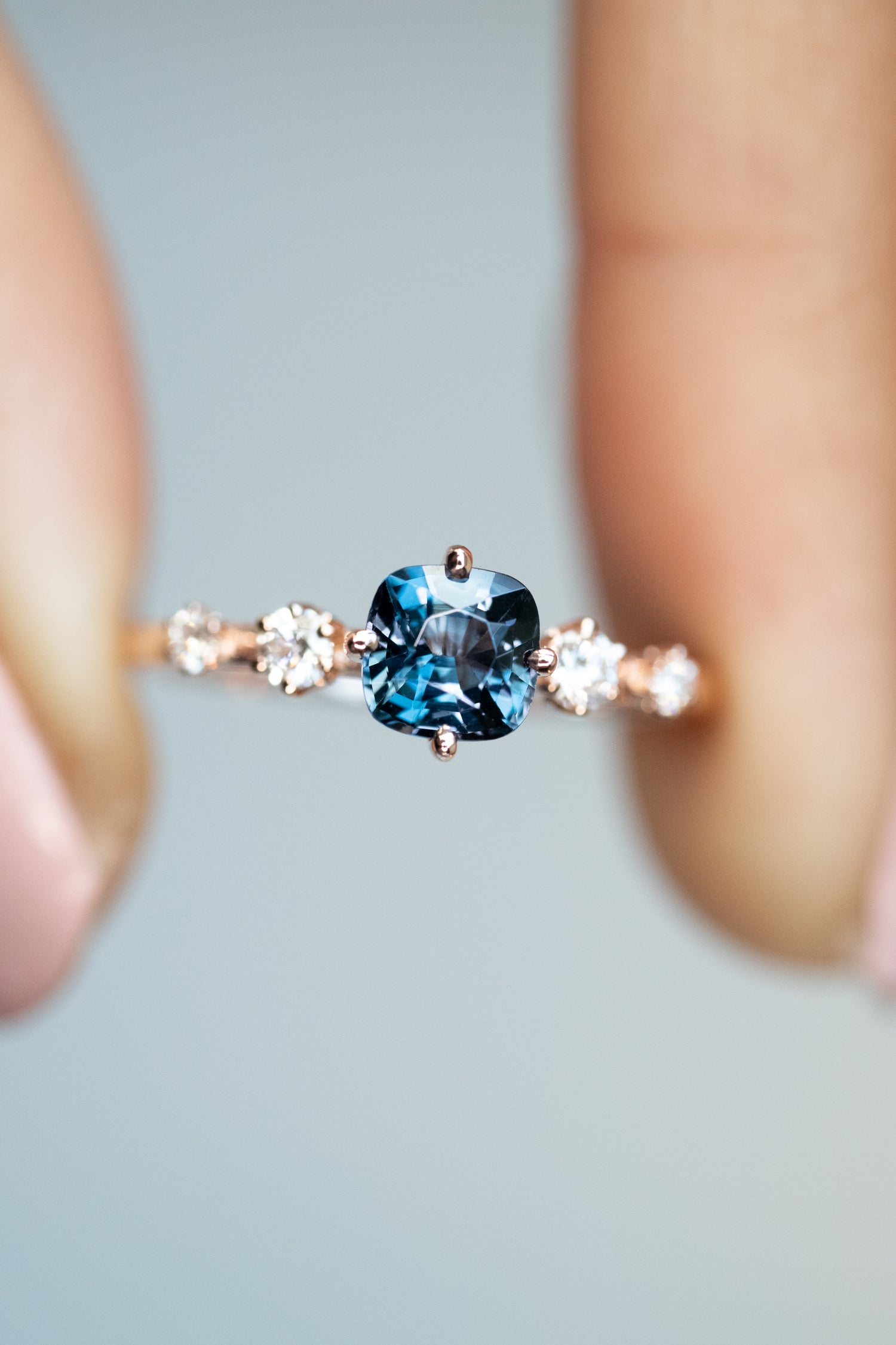 0.55ct Cushion Blue Spinel & diamonds 14K Rose Gold Twisted Ring