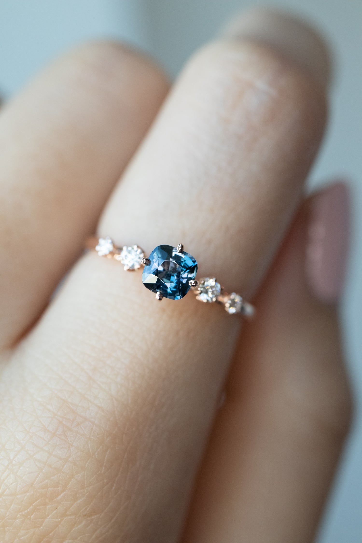 0.55ct Cushion Blue Spinel & diamonds 14K Rose Gold Twisted Ring