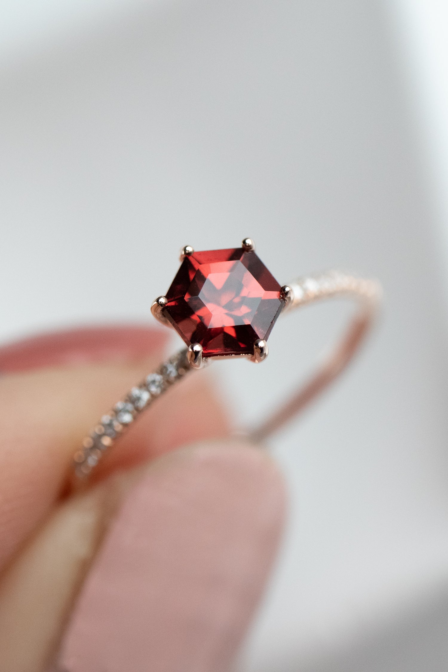 PREORDER - Signature ~0.45-0.50carat Hexagon Red Garnet & Diamonds 14/ 18K Gold Half Eternity Ring