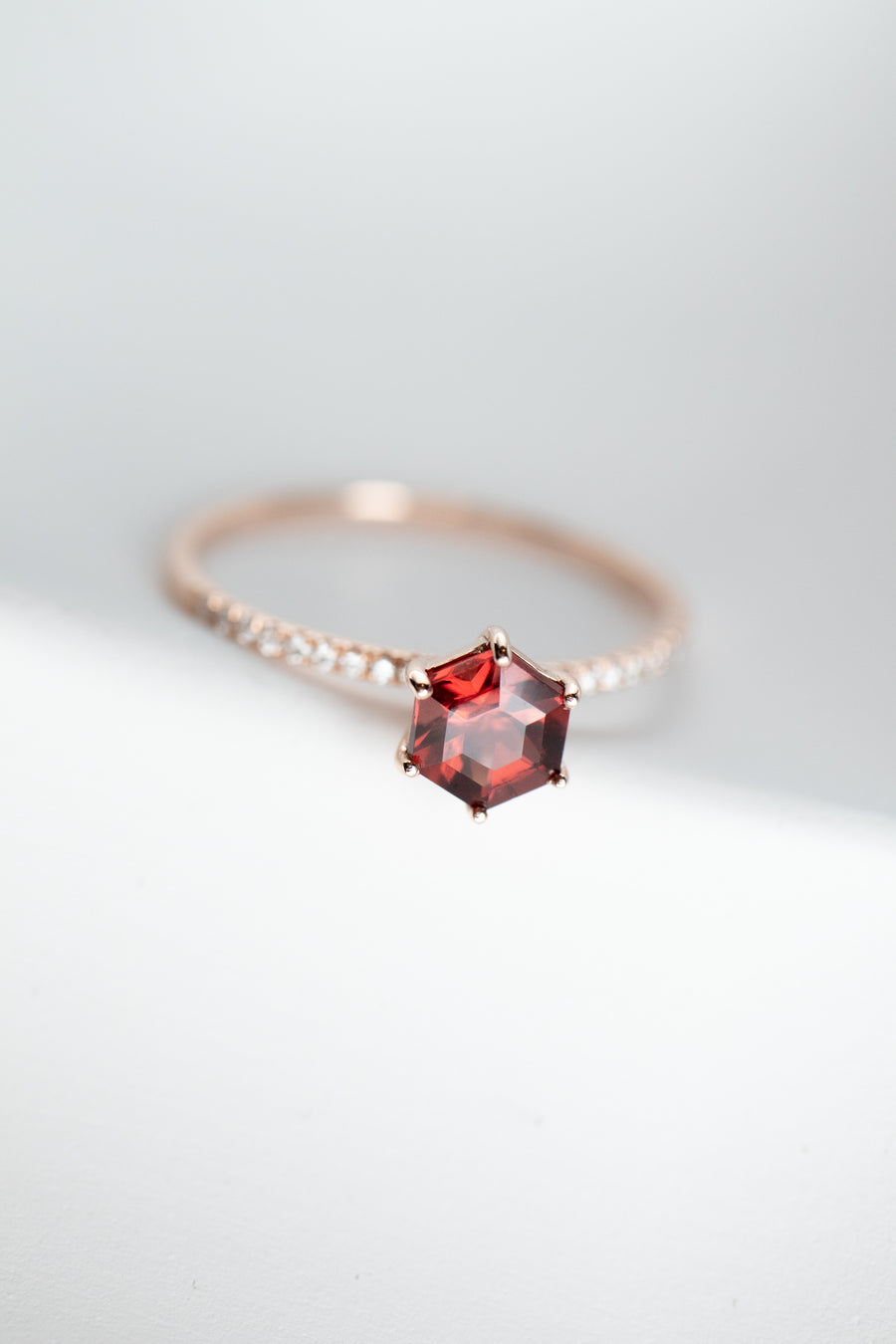 ~0.5ct Hexagon Red Garnet & 0.07ct Diamonds 14K Rose Gold Ring