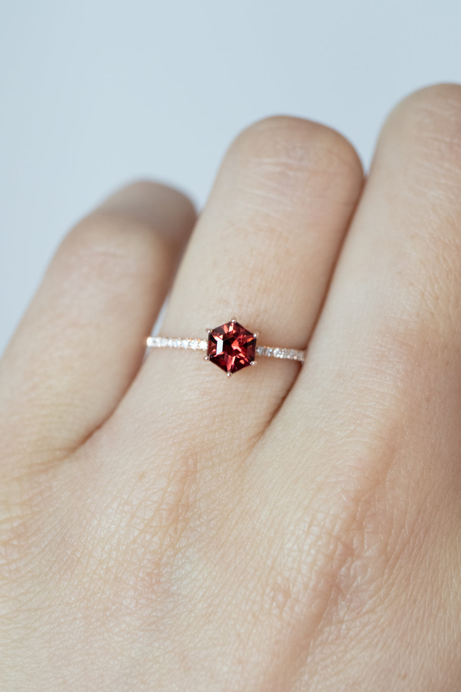~0.5carat Hexagon Red Garnet & 0.07carat Natural Diamonds 14K Rose Gold Ring