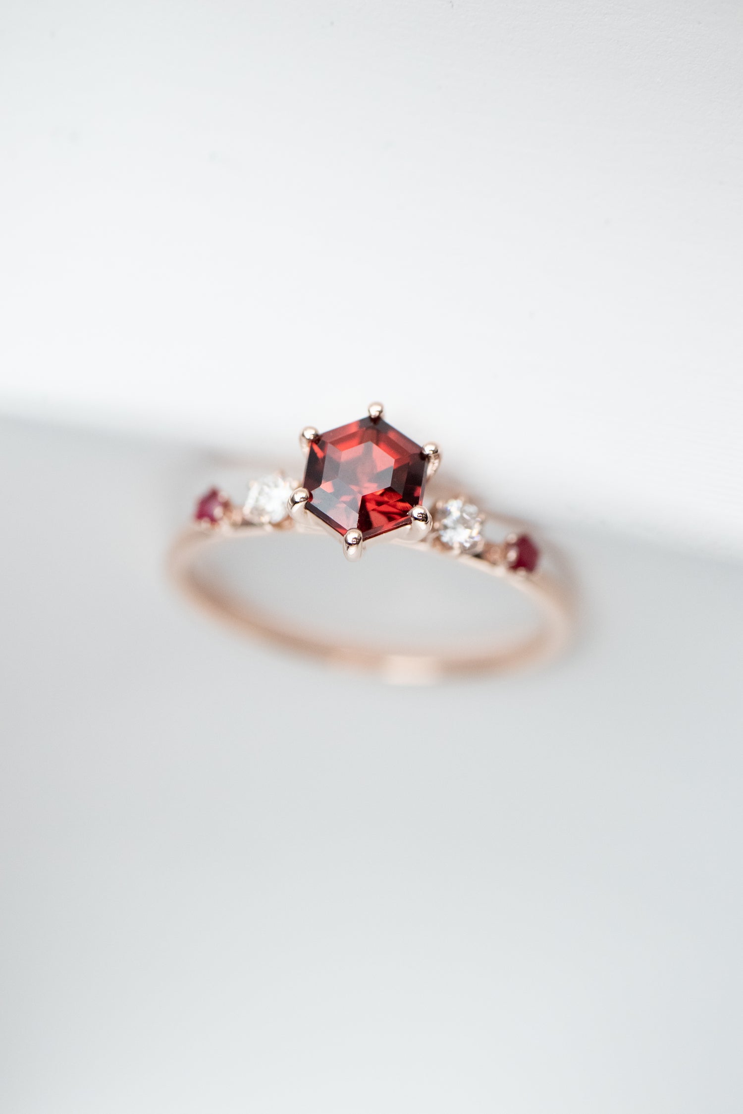 PREORDER - Five Stone ~0.55-0.60ct Red Garnet & Diamonds 14/ 18K Rose Gold Ring