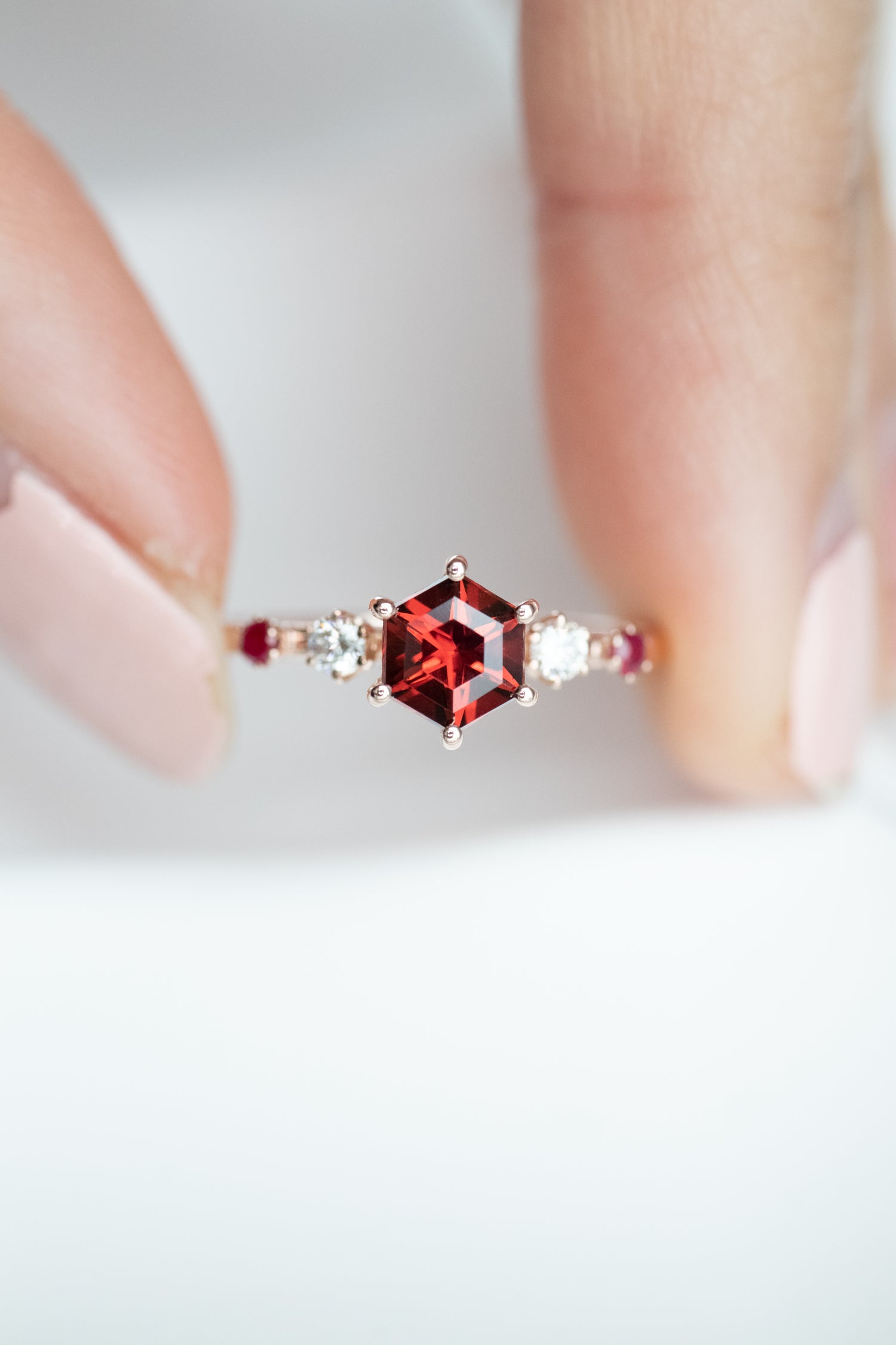 PREORDER - Five Stone ~0.55-0.60ct Red Garnet & Diamonds 14/ 18K Rose Gold Ring