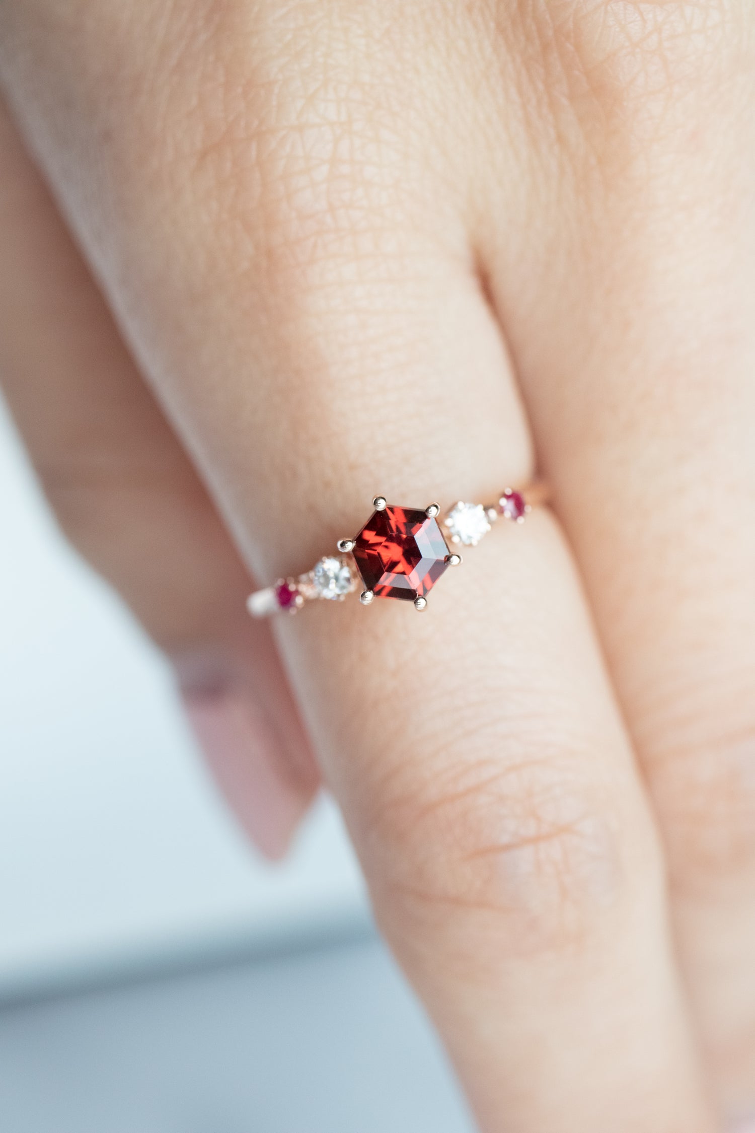PREORDER - Five Stone ~0.55-0.60ct Red Garnet & Diamonds 14/ 18K Rose Gold Ring