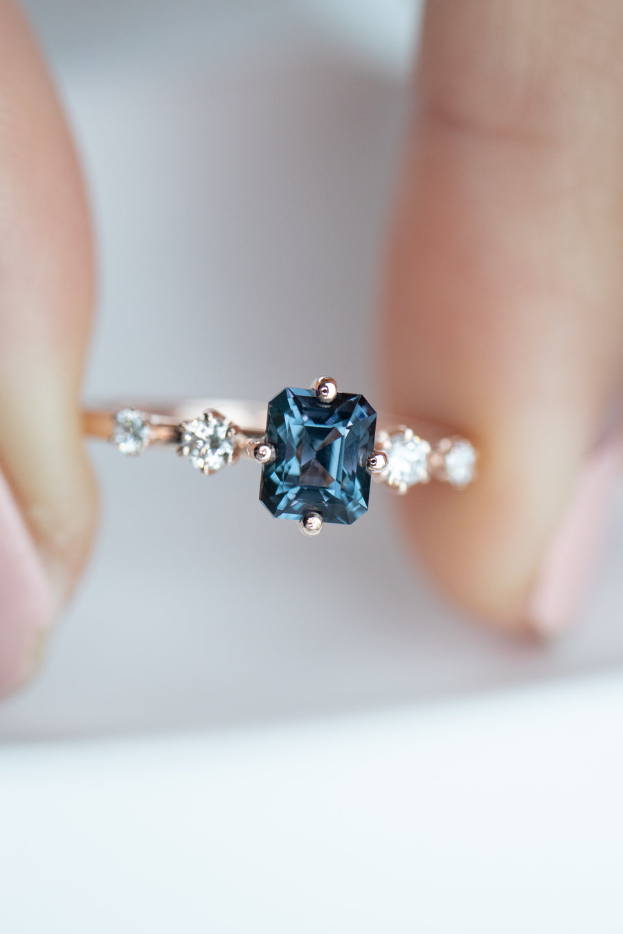 Five Stone Step Cut Emerald 0.85ct Blue Spinel & total diamond 14K Rose Gold Ring