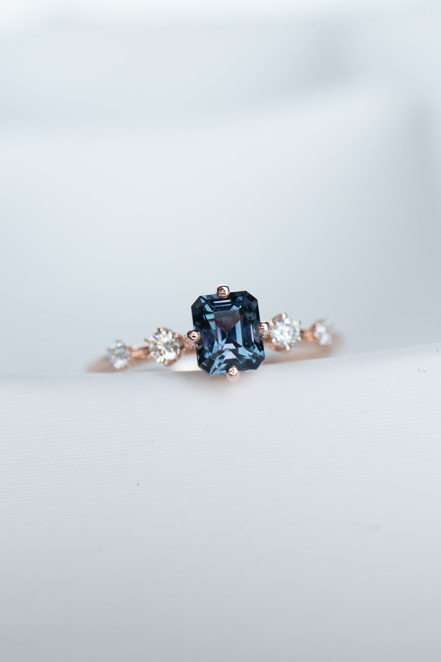 Five Stone Step Cut Emerald 0.85ct Blue Spinel & total diamond 14K Rose Gold Ring