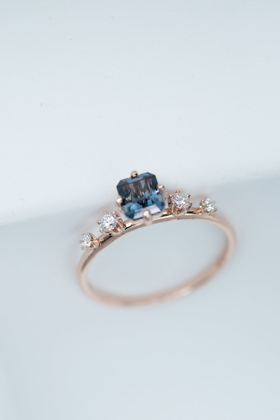 Five Stone Step Cut Emerald 0.85ct Blue Spinel & total diamond 14K Rose Gold Ring