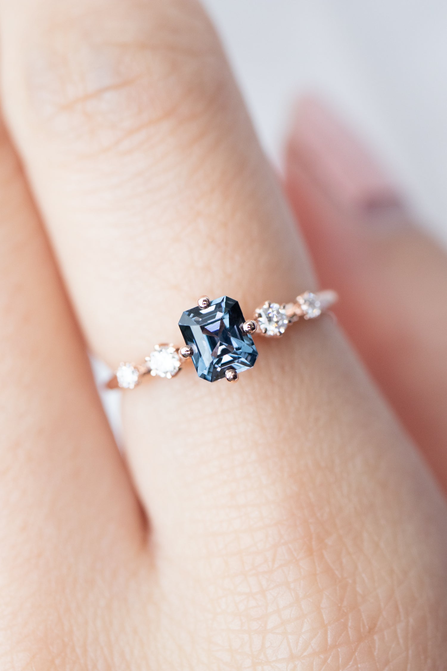 0.85ct Five Stone Step Cut Spinel & diamonds 14K Rose Gold Ring