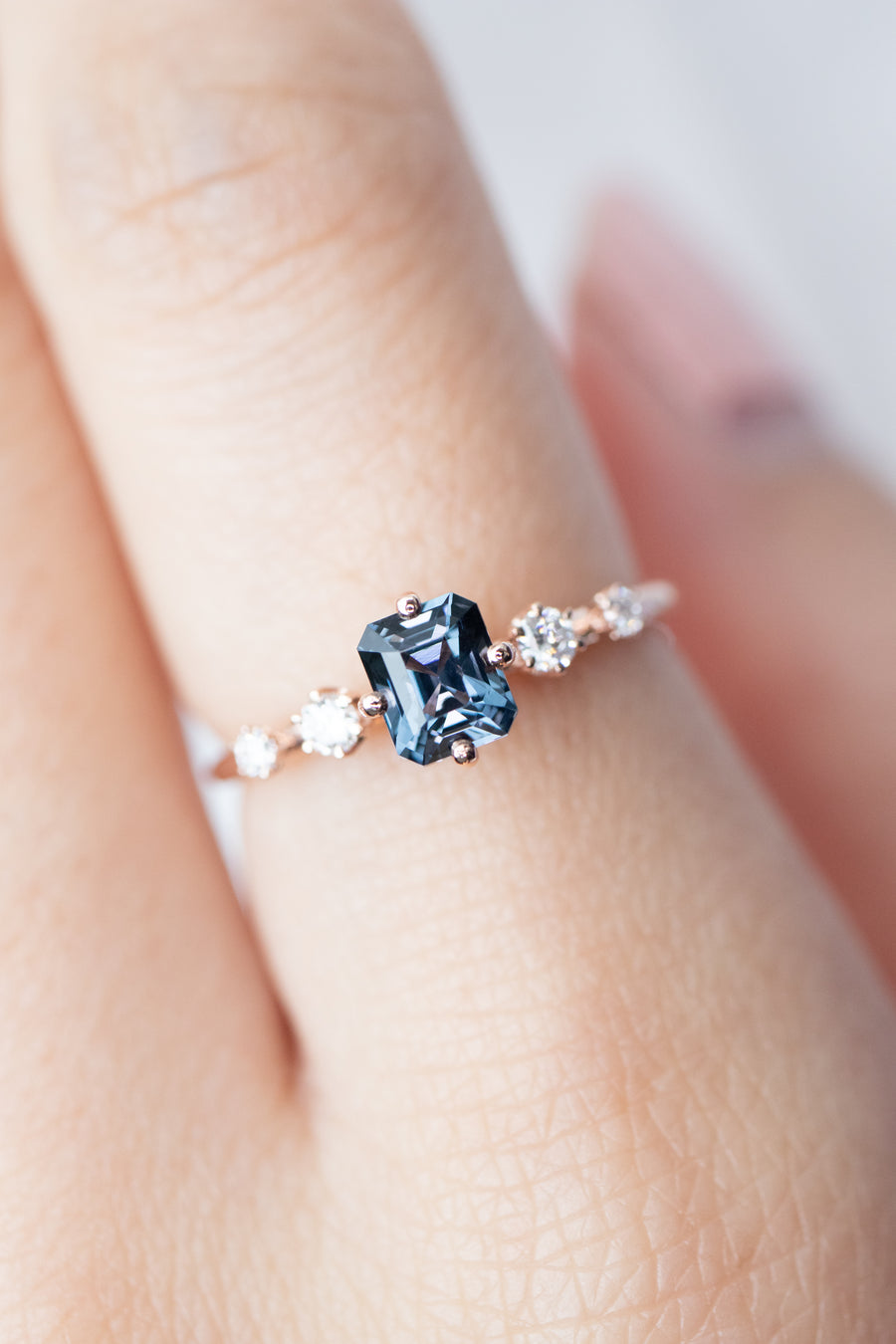 Five Stone Step Cut Emerald 0.85ct Blue Spinel & total diamond 14K Rose Gold Ring