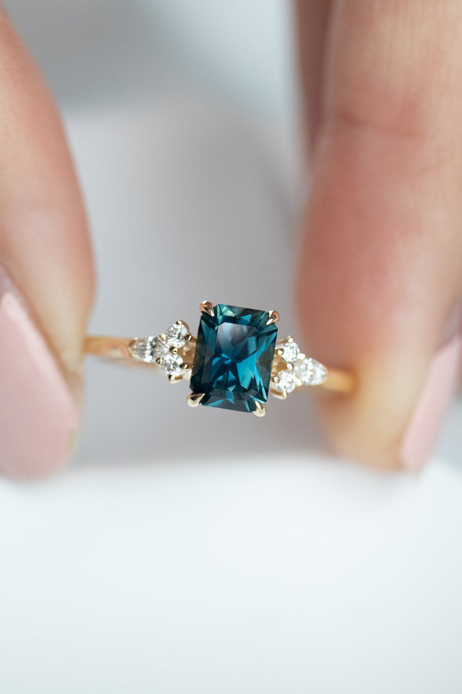 1.06ct Radiant Teal Green Sapphire (Unheated with Certificate) & diamond 18K Yellow Gold Engagement Ring