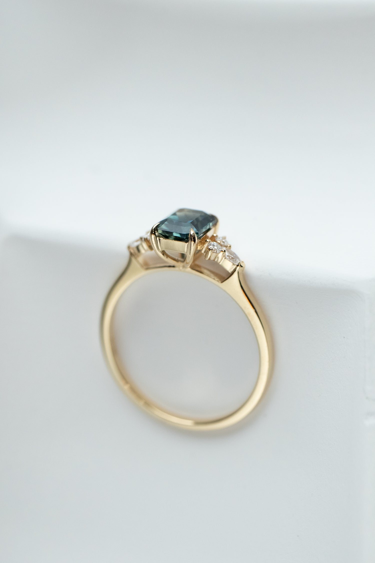 1.06ct Radiant Teal Green Sapphire (Unheated with Certificate) & diamonds 18K Yellow Gold Engagement Ring