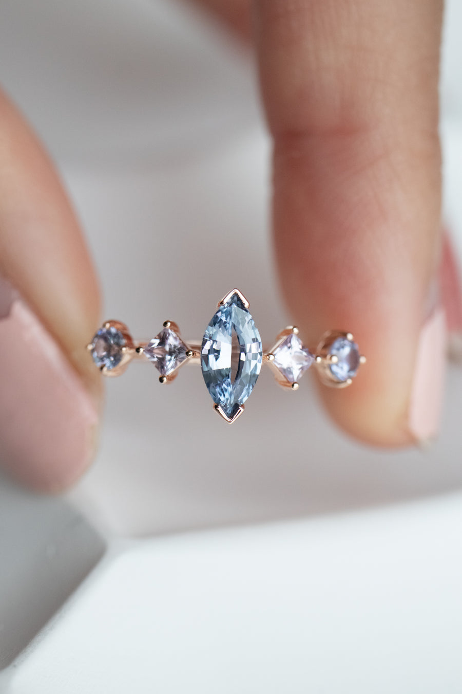 0.53ct Five Stone Marquise Blue Sapphire 18K Rose Gold Ring