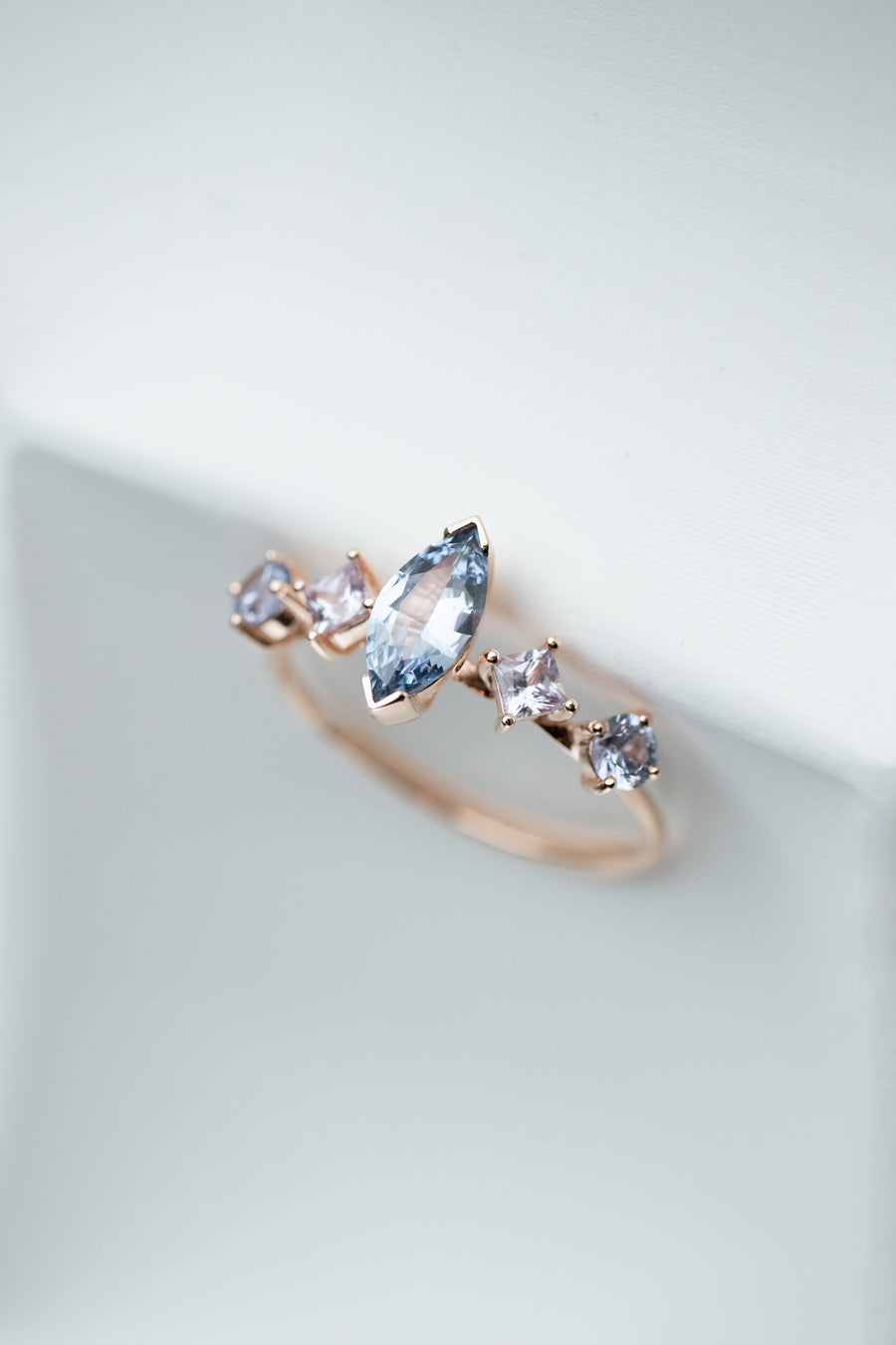 0.53ct Five Stone Marquise Blue Sapphire 18K Rose Gold Ring