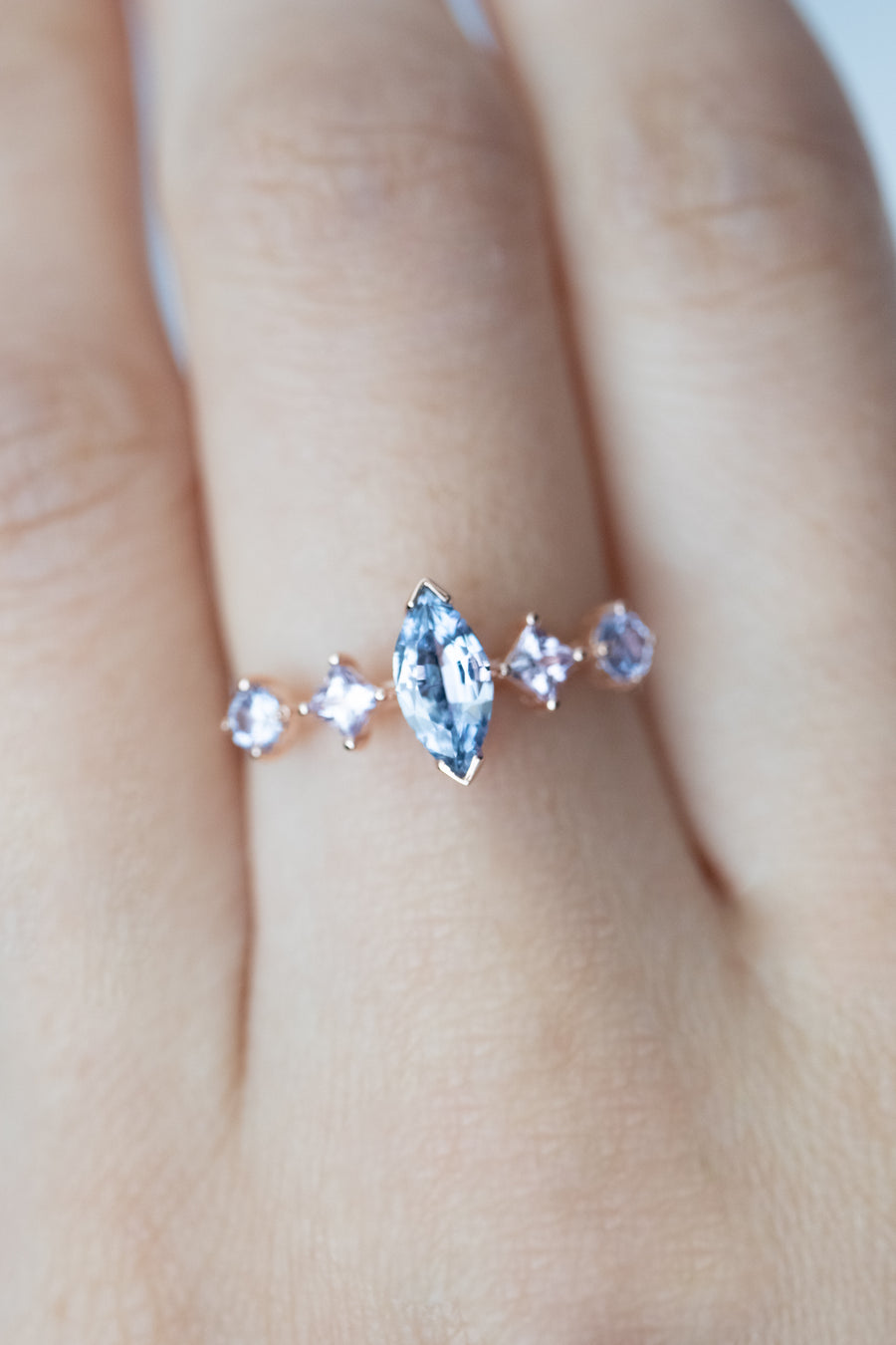 0.53ct Five Stone Marquise Blue Sapphire 18K Rose Gold Ring