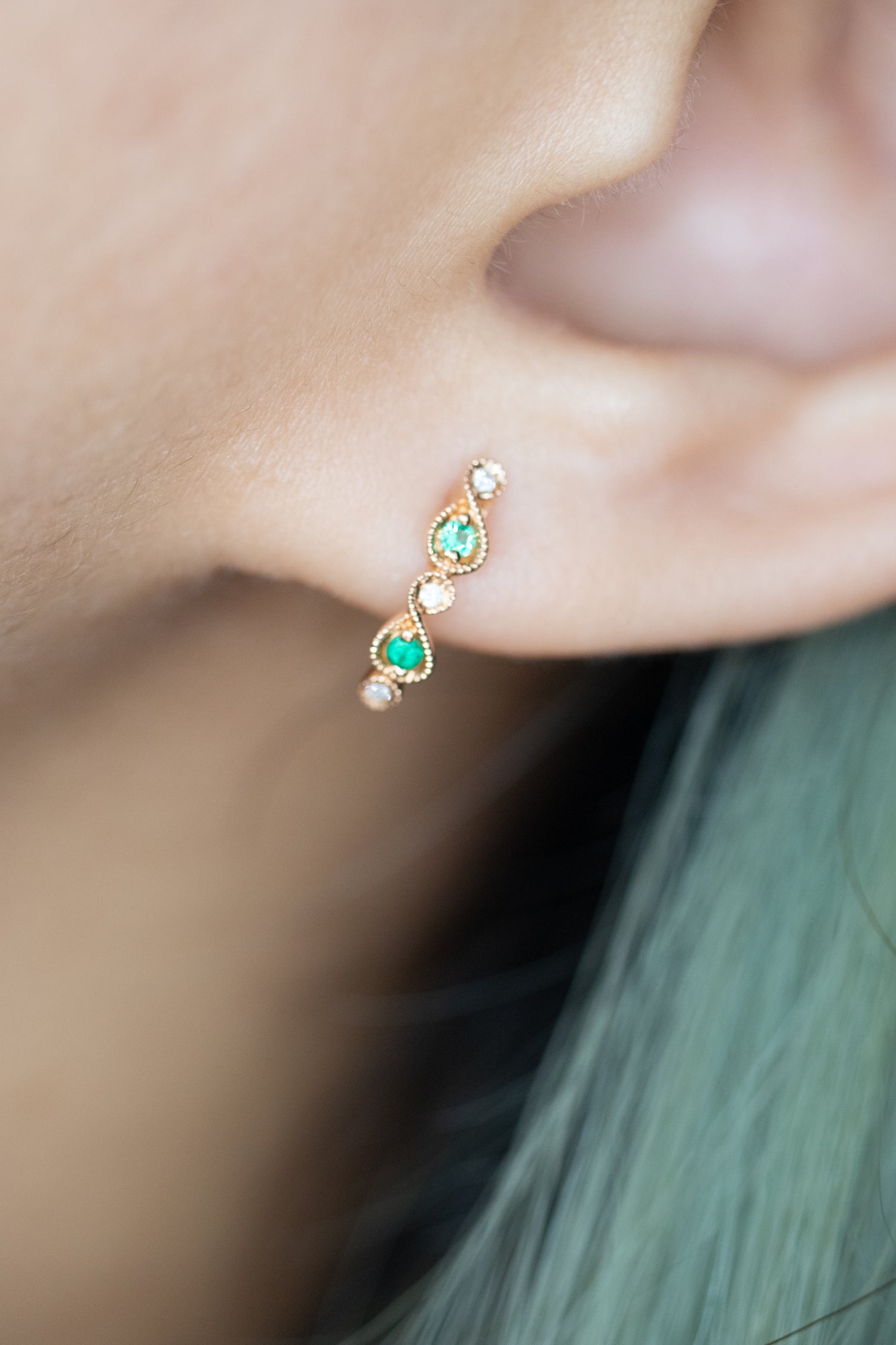 Classic Milgrain Emerald & Diamonds 14/18K Gold Stud Earrings